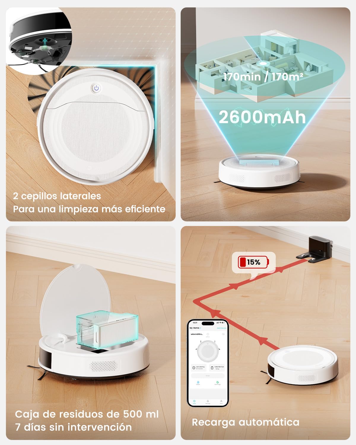 Lefant M310 Ultra 3 en 1 Robot Aspirador y Fregasuelos con Succión de 6000Pa, 170 min, Mapeo Láser ToF, Evasión de Obstáculos PSD de 190°, Reconocimiento de Alfombras, WiFi/App/Alexa, Blanco
