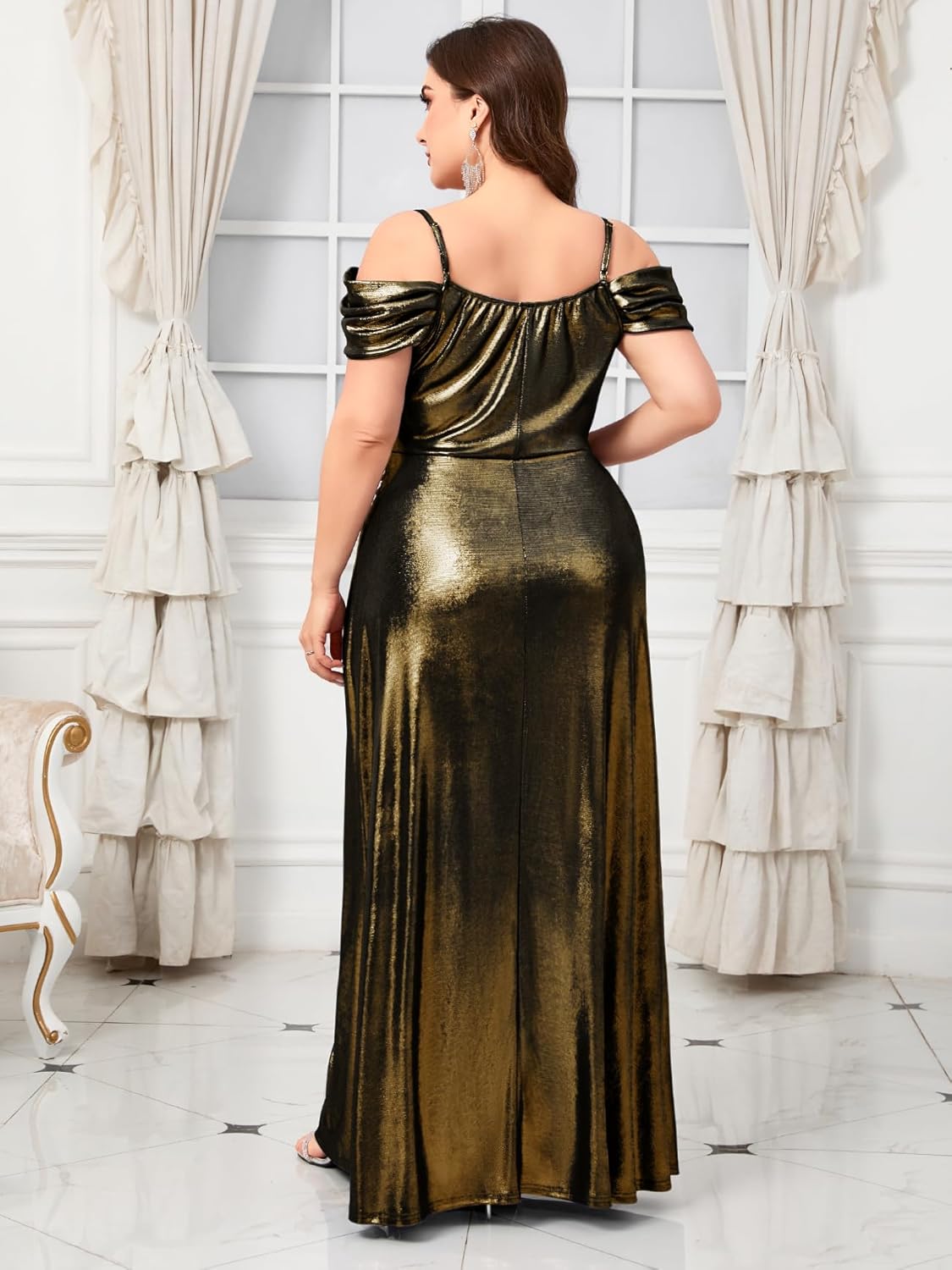 Plus Size Shimmer Metallic Maxi Dress Sexy V-Neck Cold Shoulder Ruched Evening Gown Sparkly Wedding Guest Party - Image 5