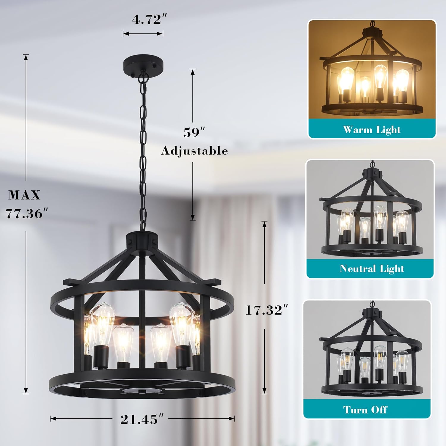 21.5'' Large Black Chandeliers Farmhouse Light Fixtures Vintage Rustic Cage Pendant Light Kitchen Island for Dining Room Foyer Entryway Living Room