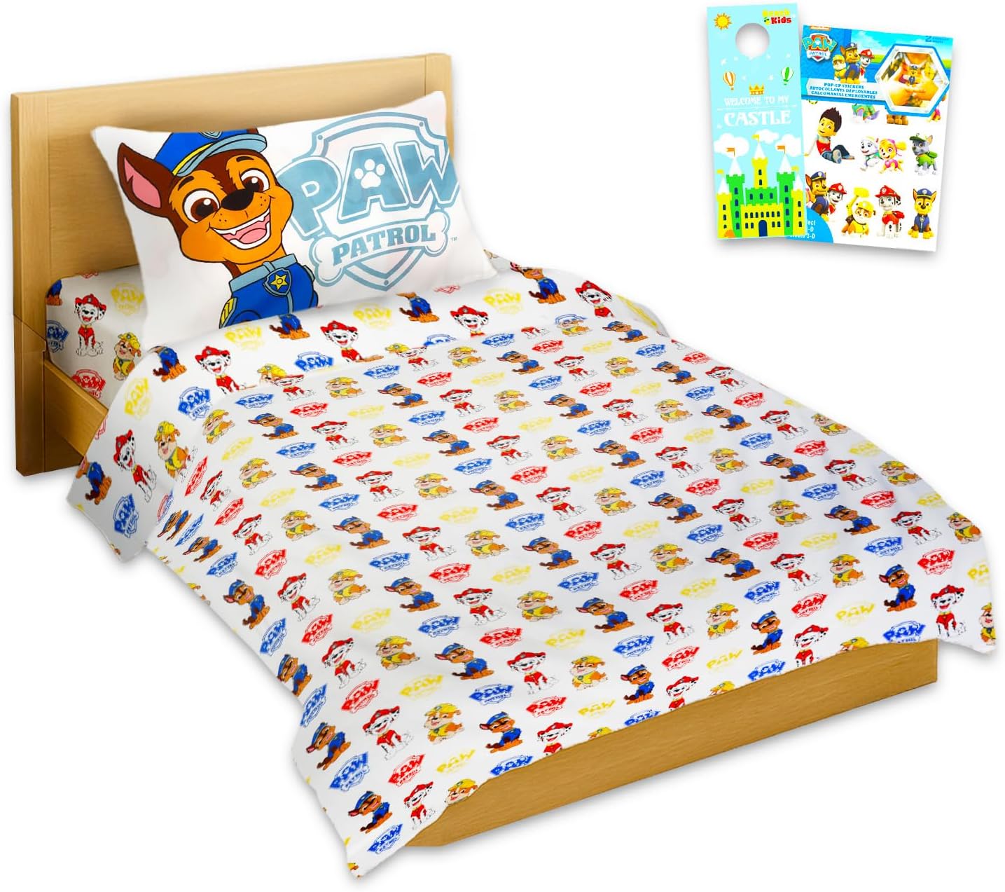 Nickelodeon Paw Patrol Sheet Set - Bundle of Bedding Including: Flat Sheet, Fitted Sheet, and Pillowcase for Twin Bed Plus Stickers, More Room Decor for Kids