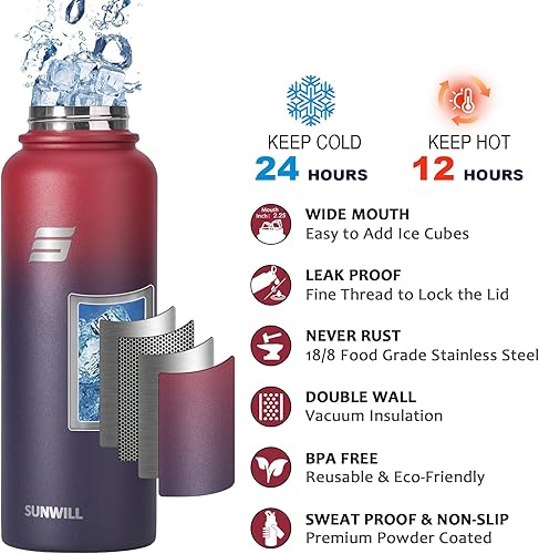 Miniatura 3 de SUNWILL Botella de agua aislada con popote, botella de agua para deportes y viajes, 22 onzas, acero inoxidable de doble pared, apta para portavasos,