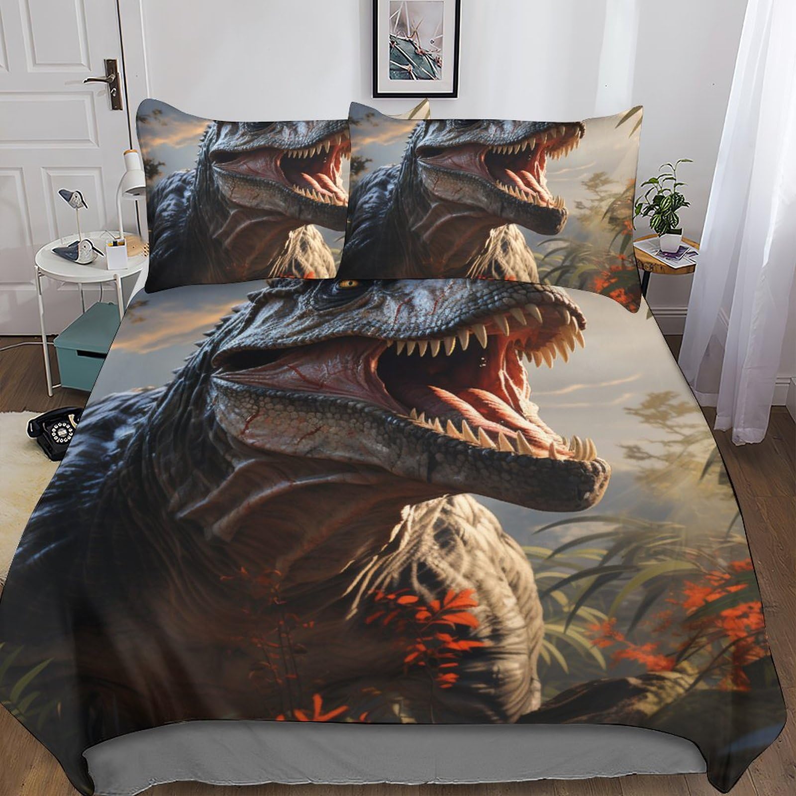 Parure de lit dinosaure 3 pièces avec housse de couette en microfibre 3D