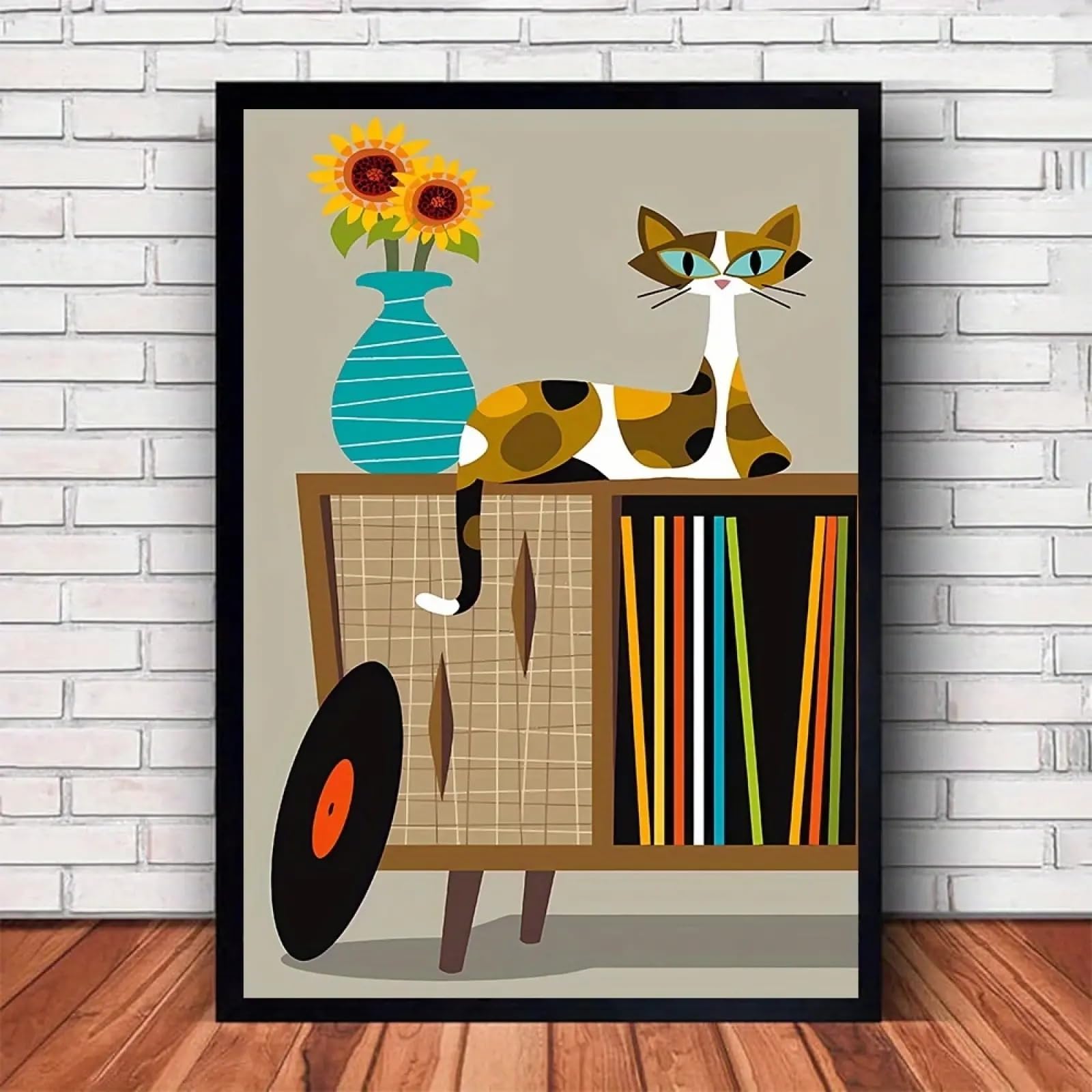 TONGYINLI Elegancki kot na płótnie druk na płótnie, stary gramofon płyta winylowa retro design plakat ścienny salon dekoracja domu miłośnik kotów ramka 70 x 110 cm