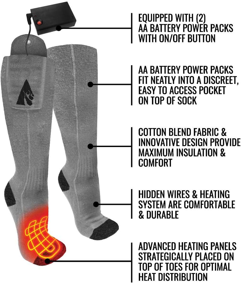 ActionHeat Classic AA Battery Heated Socks for Men and Women Lightweight Cotton Blend Heating Socks with Built-in Heating Panels for Outdoor Winter Activities – S/M, L/XL, XXL – Black and Grey Grey