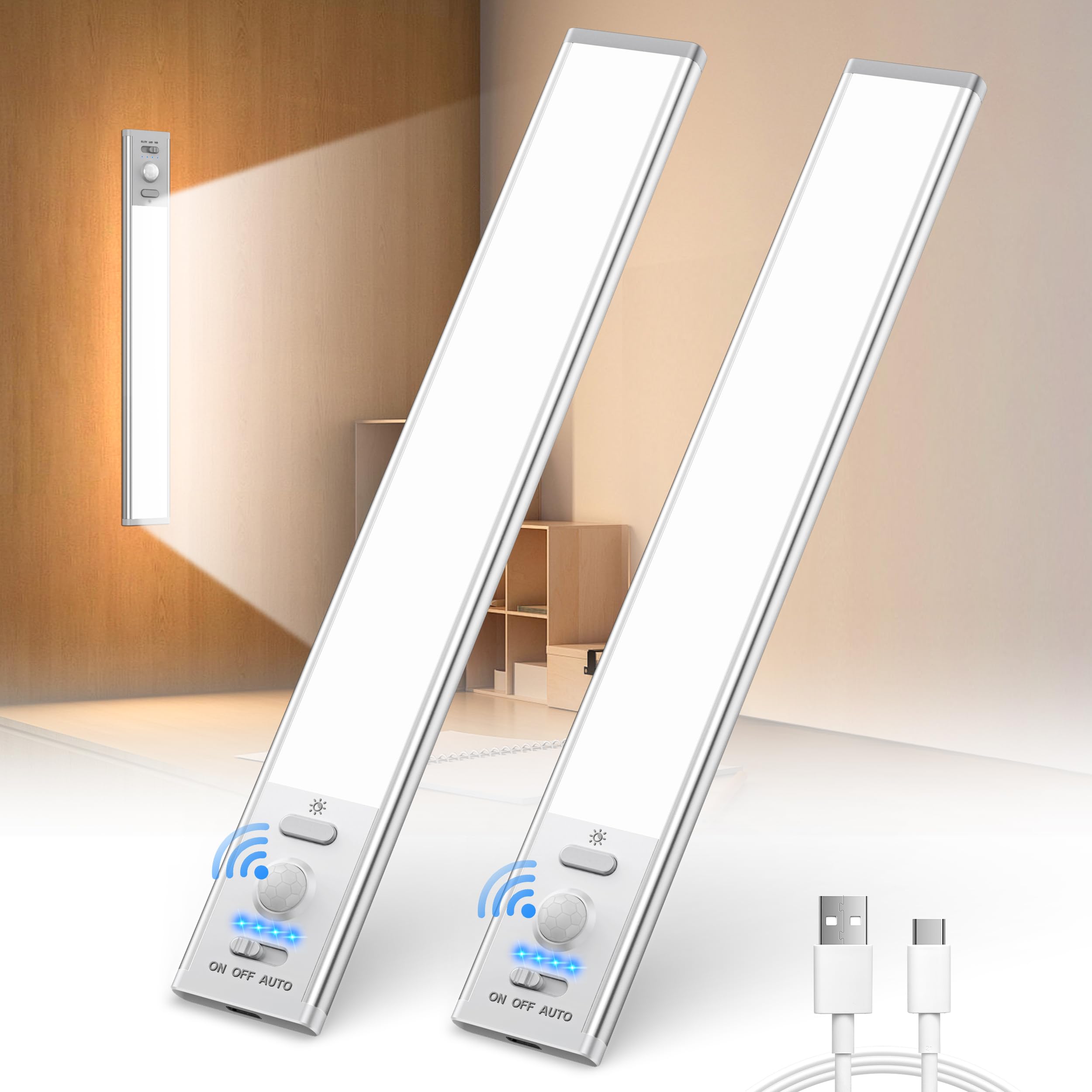 Under Cabinet Kitchen Lights [2 Pack], 6000K Stepless Dimming LED Motion Sensor Lights Indoor, 2000mAh Rechargeable Cupboard Lights with Magnetic, 24CM Night Light for Wardrobe, Closet, Stairs