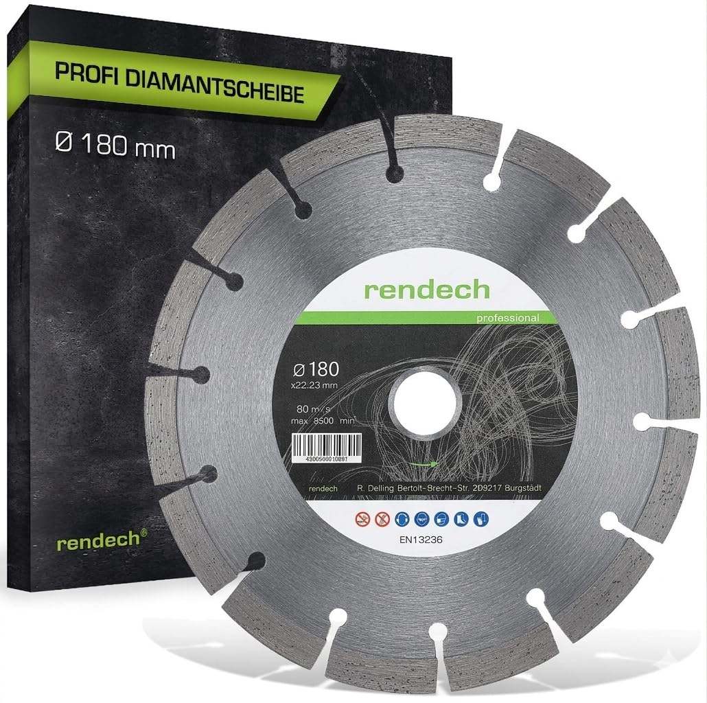 rendech® Profi Diamantscheibe mit 10mm Block-Segment | Ideal für Beton, Stein, Mauerwerk, Granit, Ziegel uvm. - Zubehör für Winkelschleifer mit hoher Schneidleistung