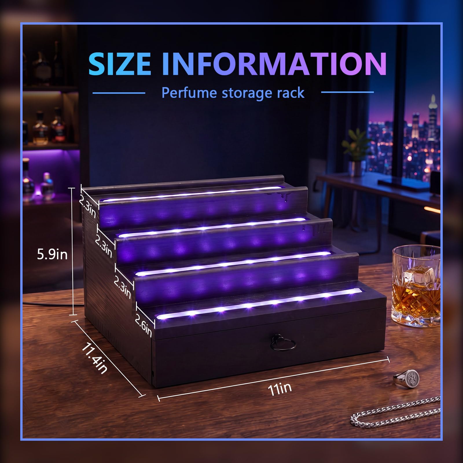 Organizador de perfumes de madera de 4 niveles con iluminación LED para hombres, organizador de perfume con cajón y múltiples modos de iluminación, soporte de exhibición de perfume con