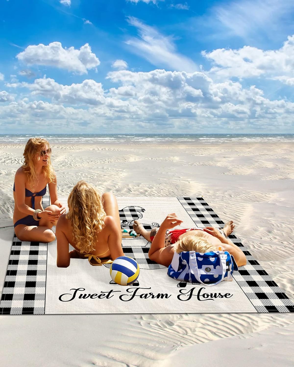 Buffalo Lattice Animals Beach Blanket Waterproof Sandproof Outdoor Picnic Mat 95"x80" Rural Country Chicken Pig and Cow Lightweight Large Beaach Blankets with 4 Stake & 4 Corner Pockets