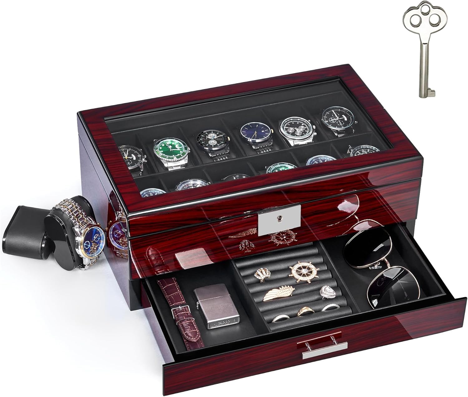 ANWBROAD 12 Portaorologi per Uomo Posti Porta Orologi gioielli e orologi | 2-Tier Custodia per Orologi con Grande Coperchio Di Vetro, Scatola Portaorologi per Regalo Festa Del Uomo e Donna JWB001Y