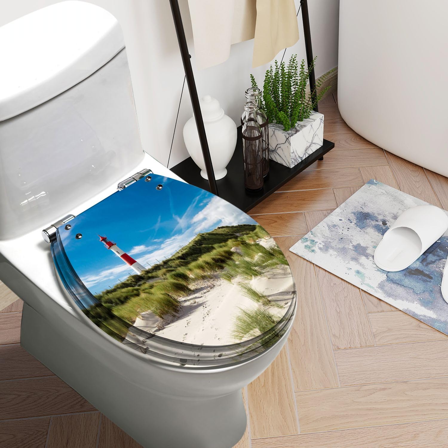 Round Toilet Seat Lighthouse Resin Toilet Seat Slow Quiet Close with Quick-Release Hinges Toilet Seat with Cover Easy to Clean Install