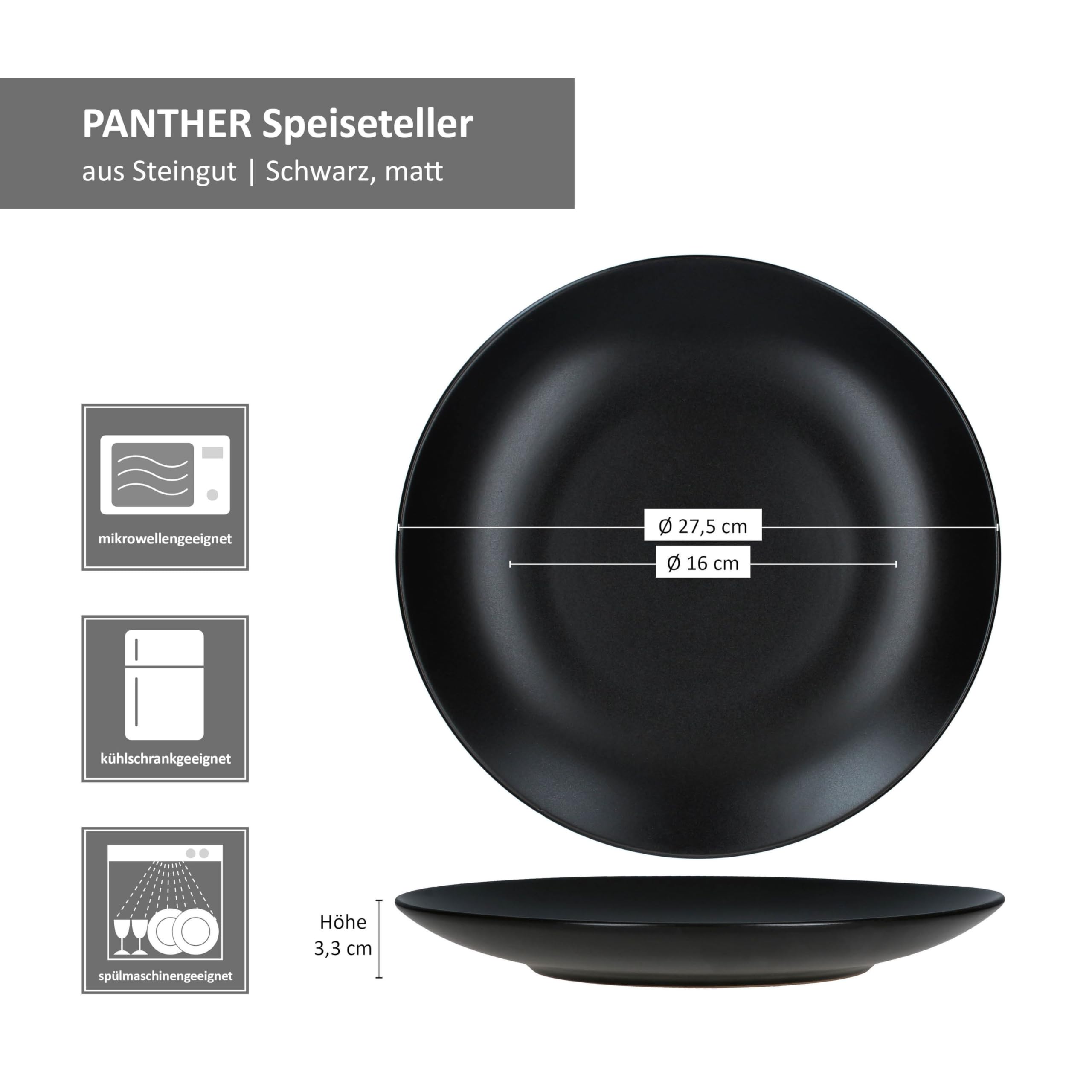 MamboCat Panther zestaw 6 talerzy obiadowych czarnych, Ø 27,5 cm, matowe talerze obiadowe dla 6 osób, duże talerze do grillowania itp. I naczynia na śniadanie, obiad, kawę i kolację