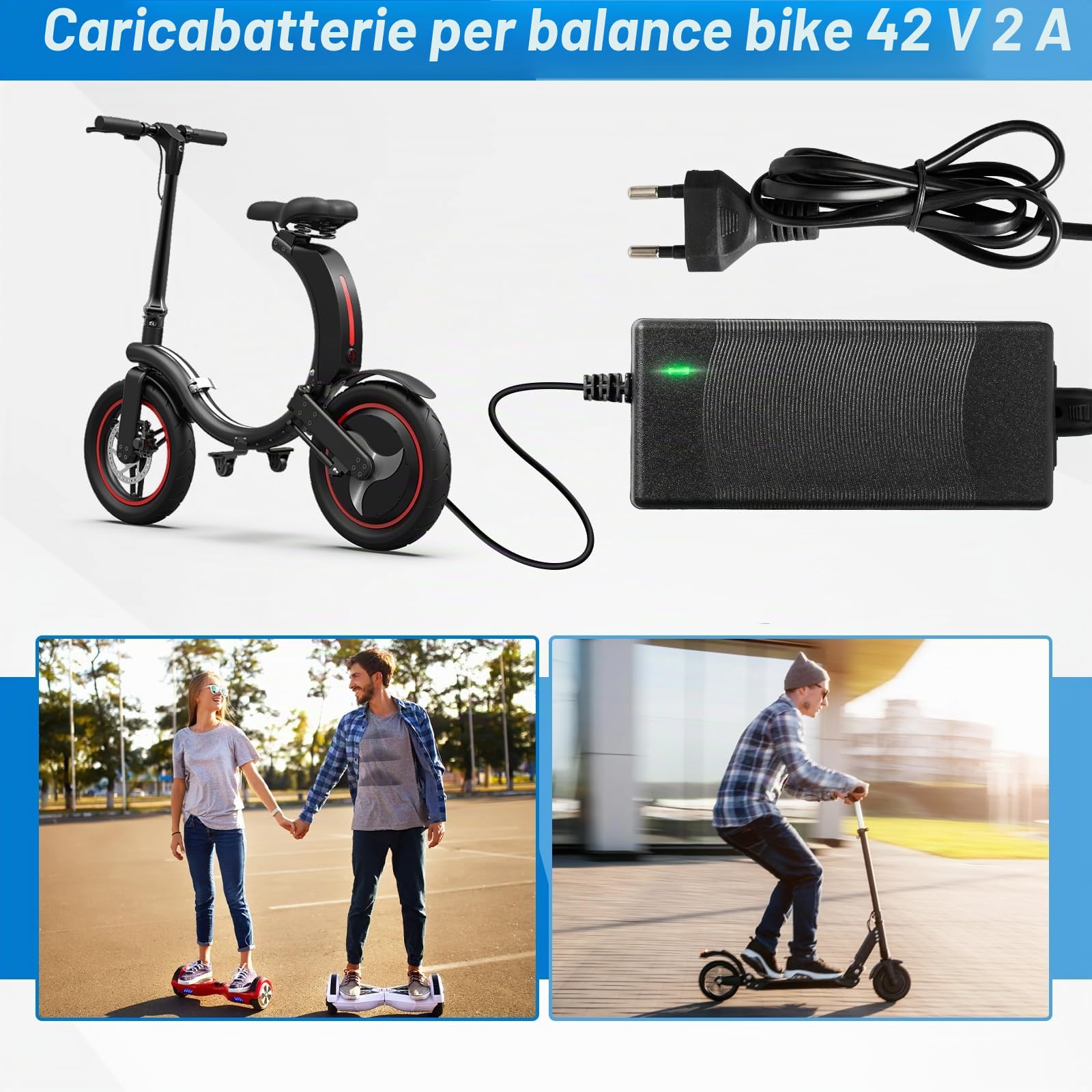 Caricatore Monopattino Elettrico, 42V 2A Caricabatteria per Scooter Elettrico, con 6 Connettori, per M365 Scooter, 36V Hoverboard, Bici Equilibrata, Drifting Board