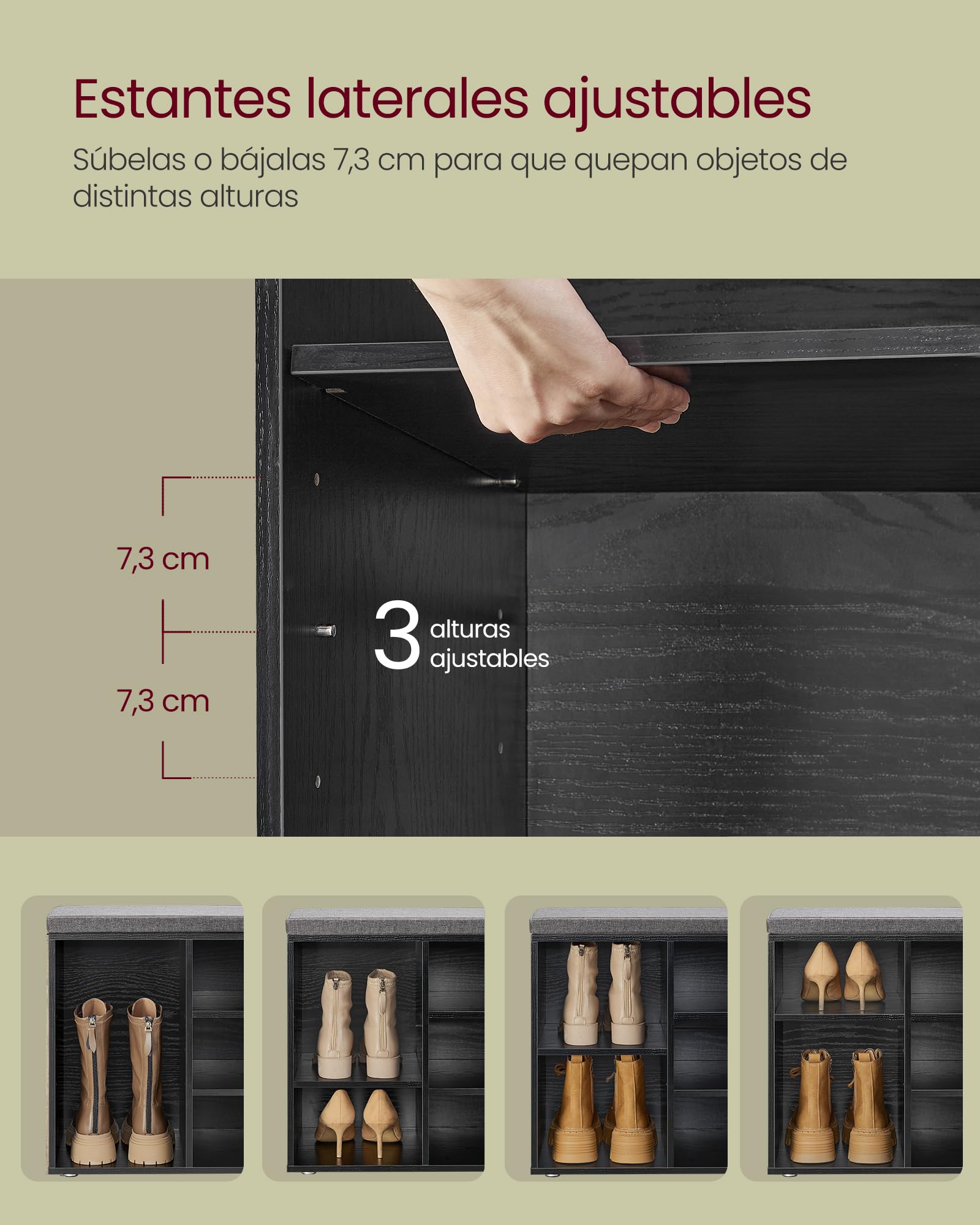 VASAGLE - Banco para Zapatos, Banco de Almacenamiento con cojín Acolchado, 10 Compartimentos, estantes Ajustables, para Sala de Estar, Pasillo, 30 x 104 x 48 cm, Negro leñoso LHS010B07