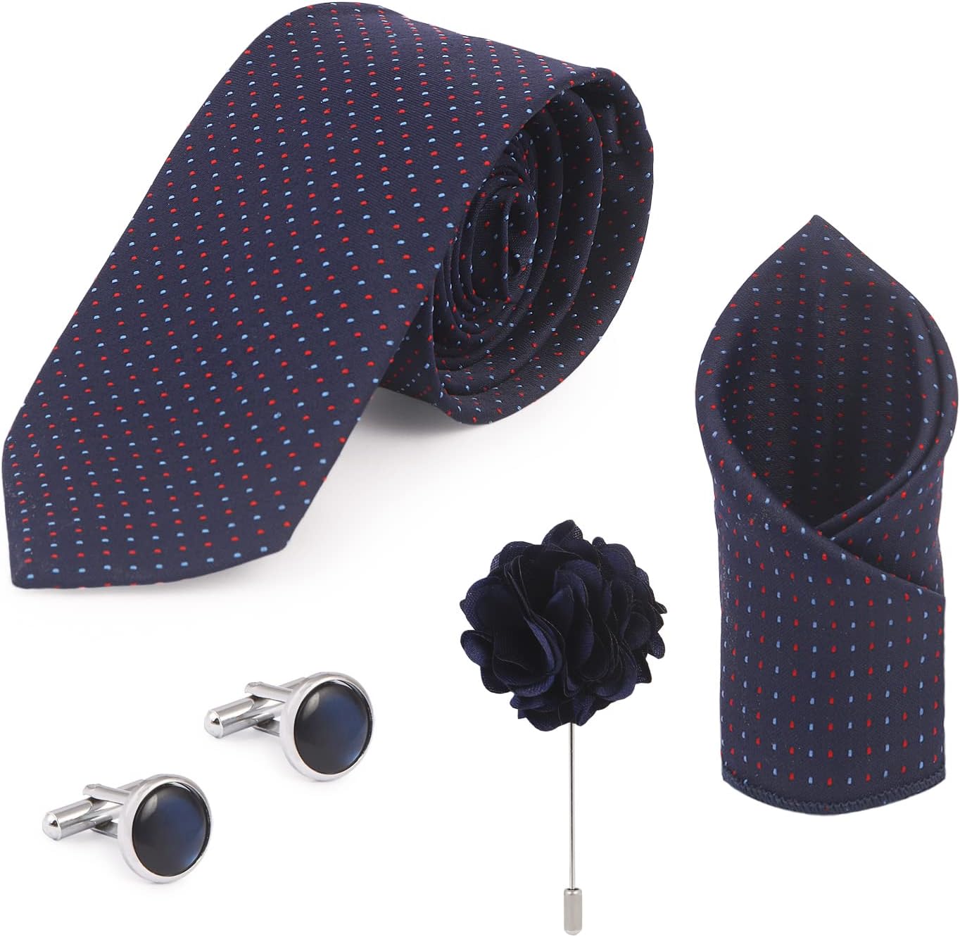 Solid Micro Self Silk Necktie Gift Set With Pocket Square Cufflinks & Brooch Pin Formal Tie With Box
