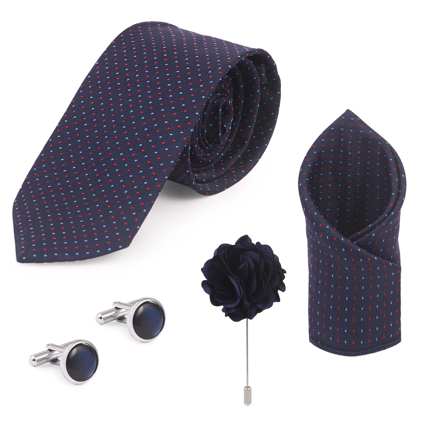 NEUROCLUB Solid Micro Self Silk Necktie Gift Set With Pocket Square Cufflinks & Brooch Pin Formal Tie With Box