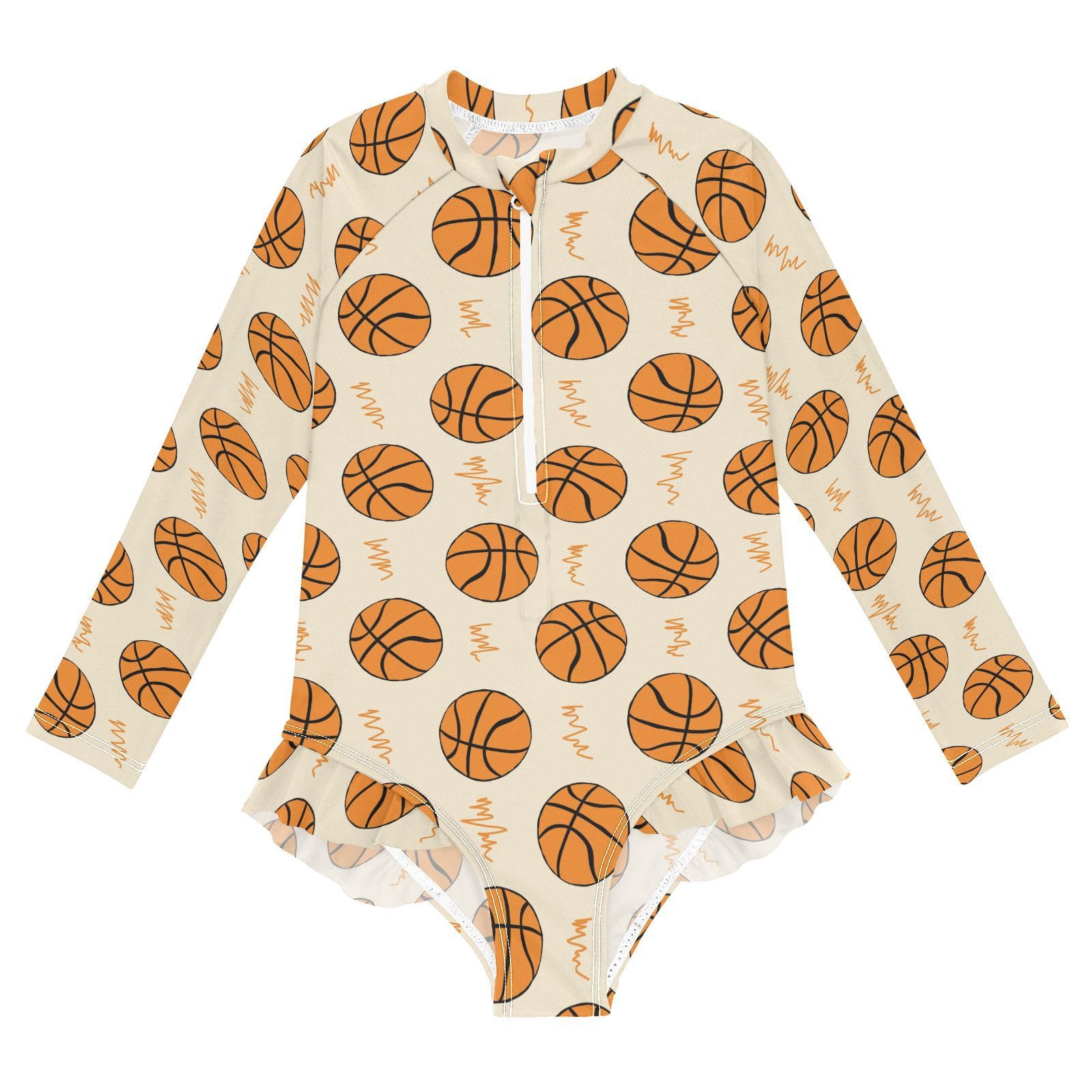 JHKKU Girls Long Sleeve Basketball Swimsuit One Piece Zipper Rash Guard Bathing Suit with UPF 50+ Sun Protection Ruffle Swimwear 5-6Y