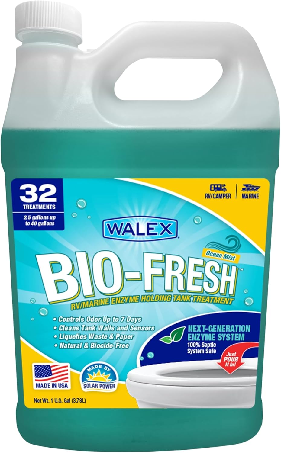 Walex Bio-Fresh Liquid Enzyme Holding Tank Treatment for RV, Camper & Marine - Black Water Tank Deodorizer, Liquifies Waste & Toilet Paper, Septic Tank Safe, Biocide-Free, Ocean Mist, 1 Gallon