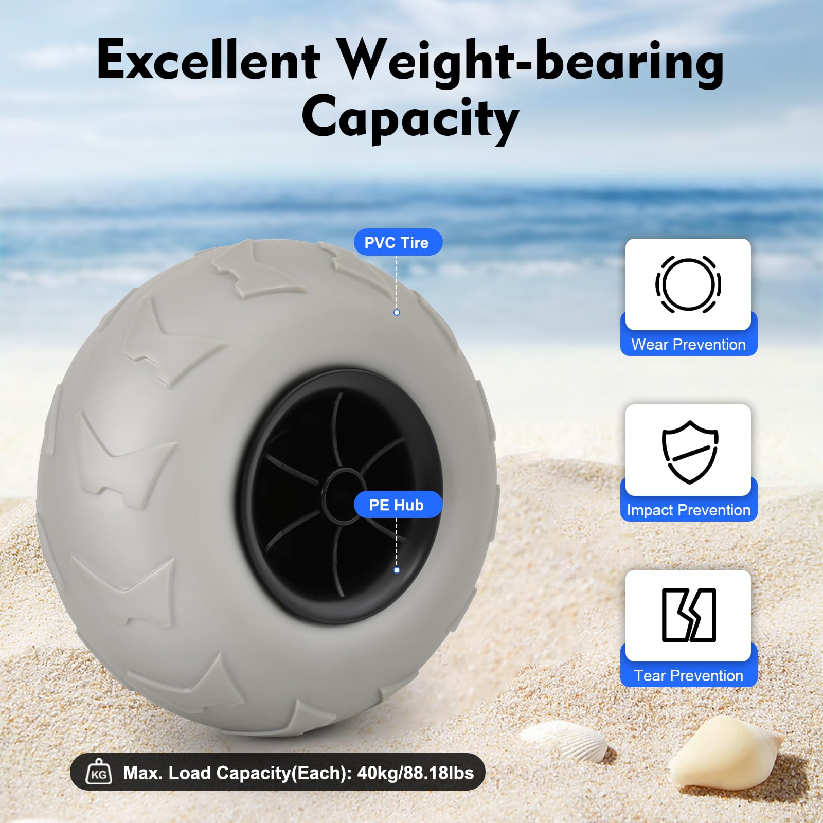 2-Pack 9-Inches Beach Balloon Wheels, Replacement Balloon Sand Tires TPU Cart Tires Beach Cart Canoe Cart and Buggy Wheels for Kayak Dolly,Canoe Cart and Buggy