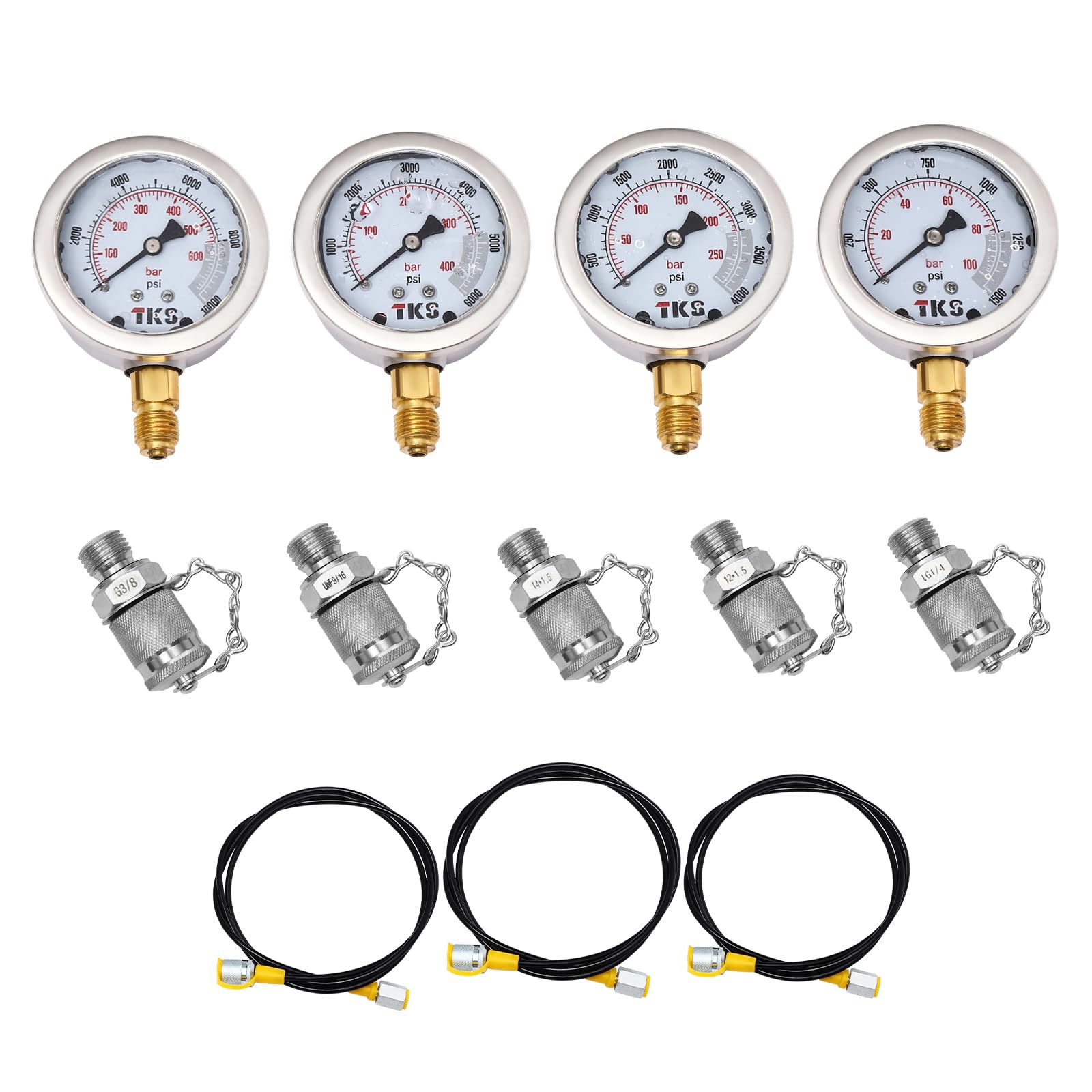 Hydraulic Pressure Test Kit, 4 Gauges 100/250/400/600bar 1500/3750/6000/9000psi, 9 Test Couplings, 3 Test Hoses with Carrying Case for Excavator Construction Machinery