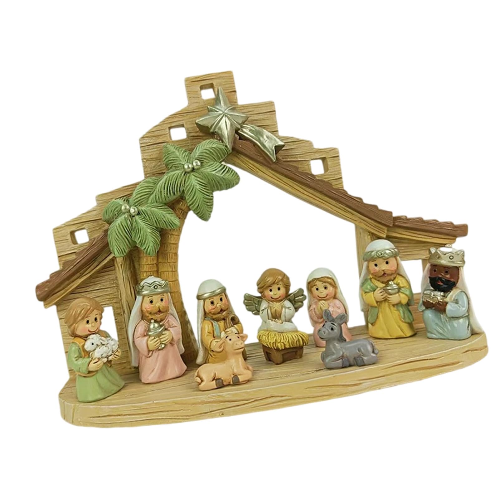 Crèche de Noël miniature en résine avec écurie et figurines de la Sainte Famille