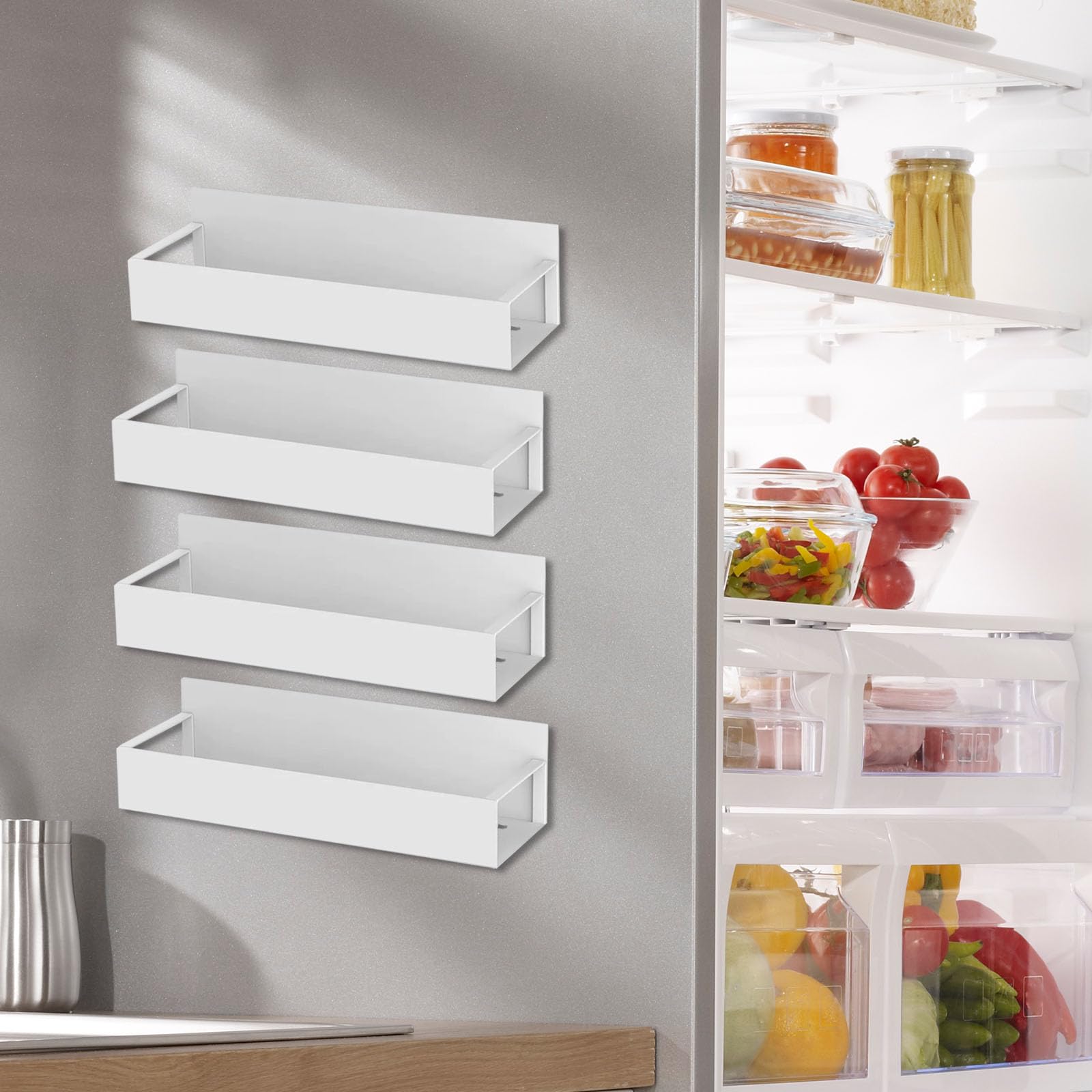 CHANGYUE Portali di spezie magnetiche 4 pc, scaffali magnetici per cucina, organizzatore salvaspazio senza perforazione (bianco)