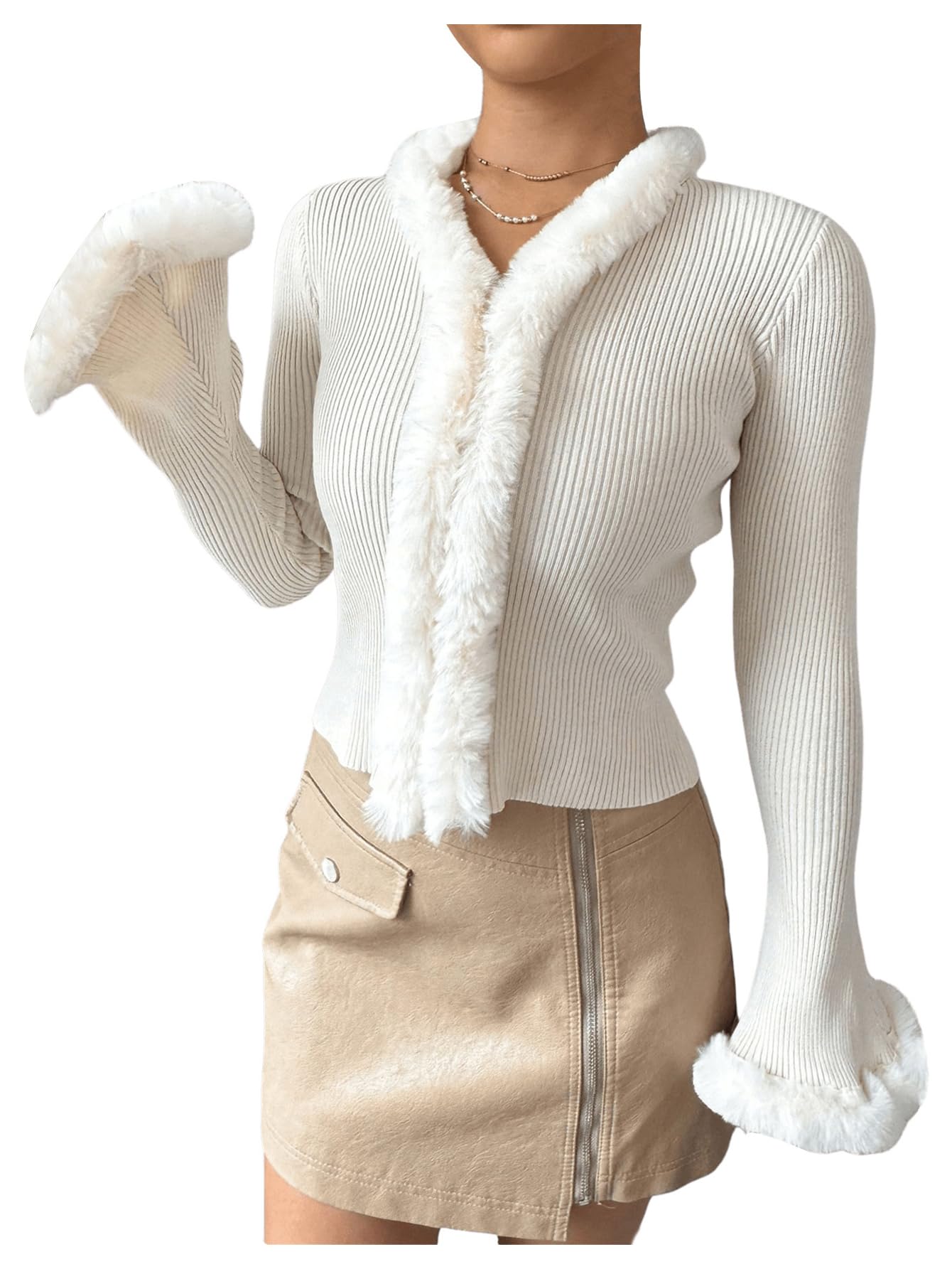 Verdusa Womens Fuzzy Fleece Collar Cardigan Sweaters Long Flare Sleeve Fitted Knit Tops