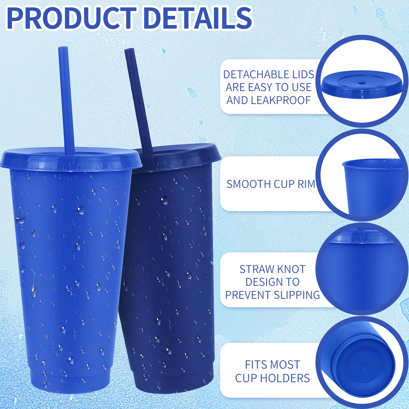 MSYU Lot de 24 grands gobelets en plastique réutilisables avec couvercles et pailles, 710 ml, pour café, boissons, fête, fête prénatale, anniversaire (gris bleu)