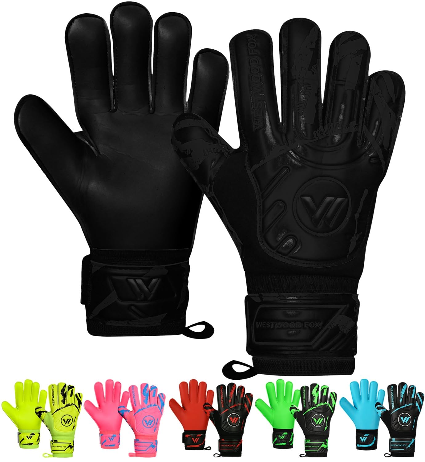 WESTWOOD FOX Goalkeeper Gloves,Finger Protection Soccer Goalie Gloves for Kids,Youth,Adults,Heavy Grip Palm with Dumbo latex 4+3 mm,Wrist Support (Jet Black, Size 9 suitable for Adult-M)