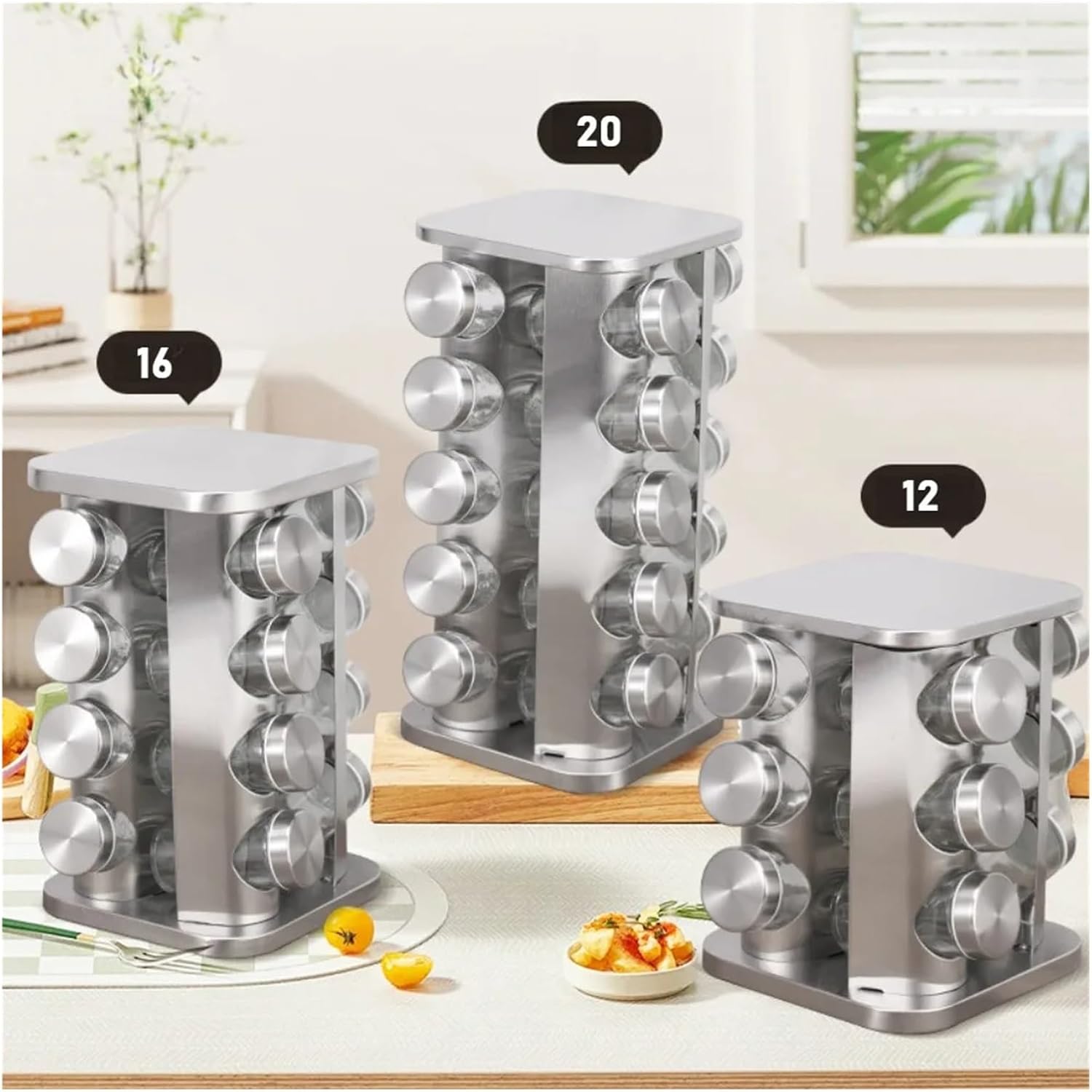 Stainless Steel Spice Rack Rotating Seasoning Set Vertical Sorting Square Condiment Organizer Salt Sugar Containers(16Jars)