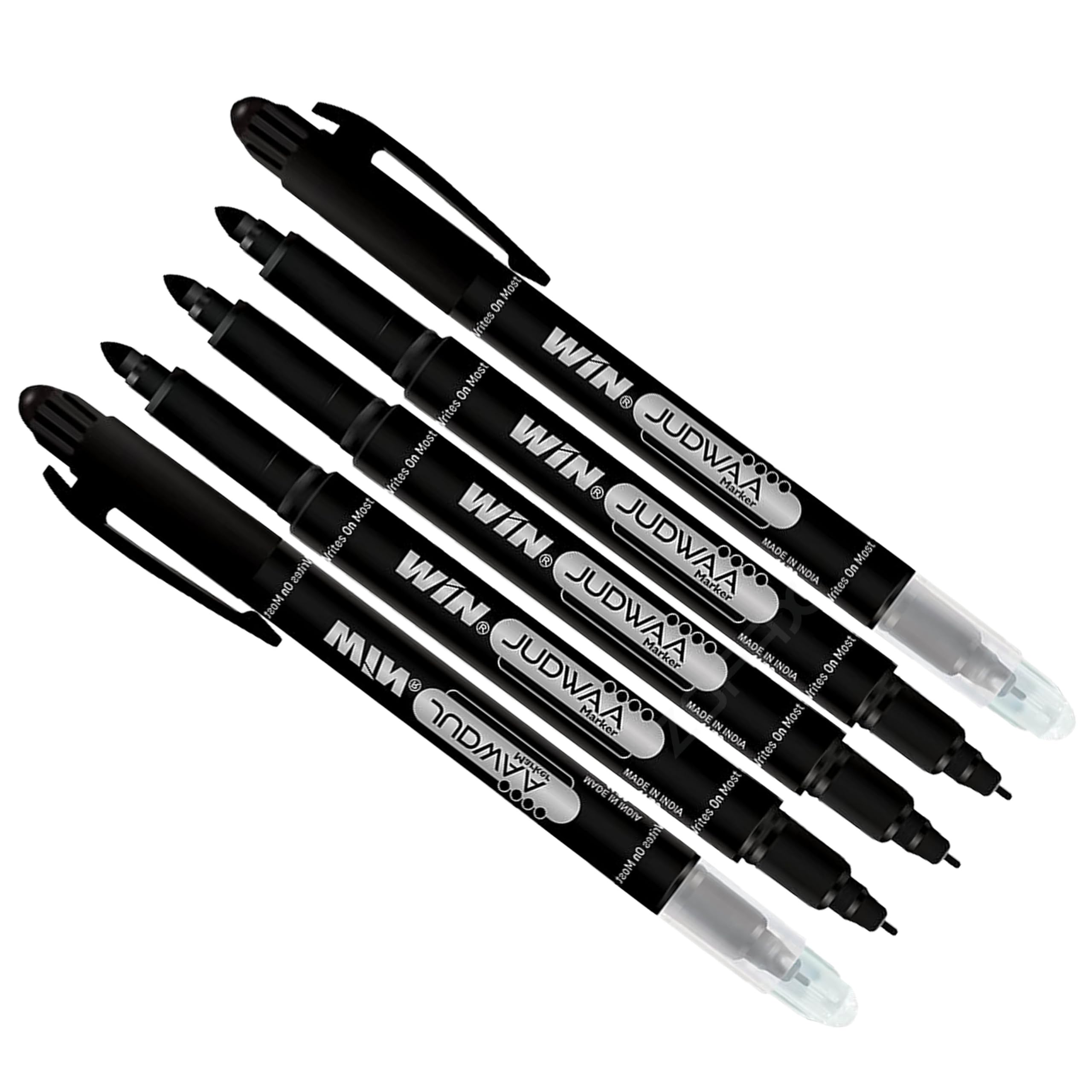 DUAL TIP Permanent Markers, BLACK, Medium Tip and Extra Fine Tip, Pack of 5, Twin Tip Markers for Plastic Ceramic Glass Paper Card Wood, iZOFAX Black Ball Pen