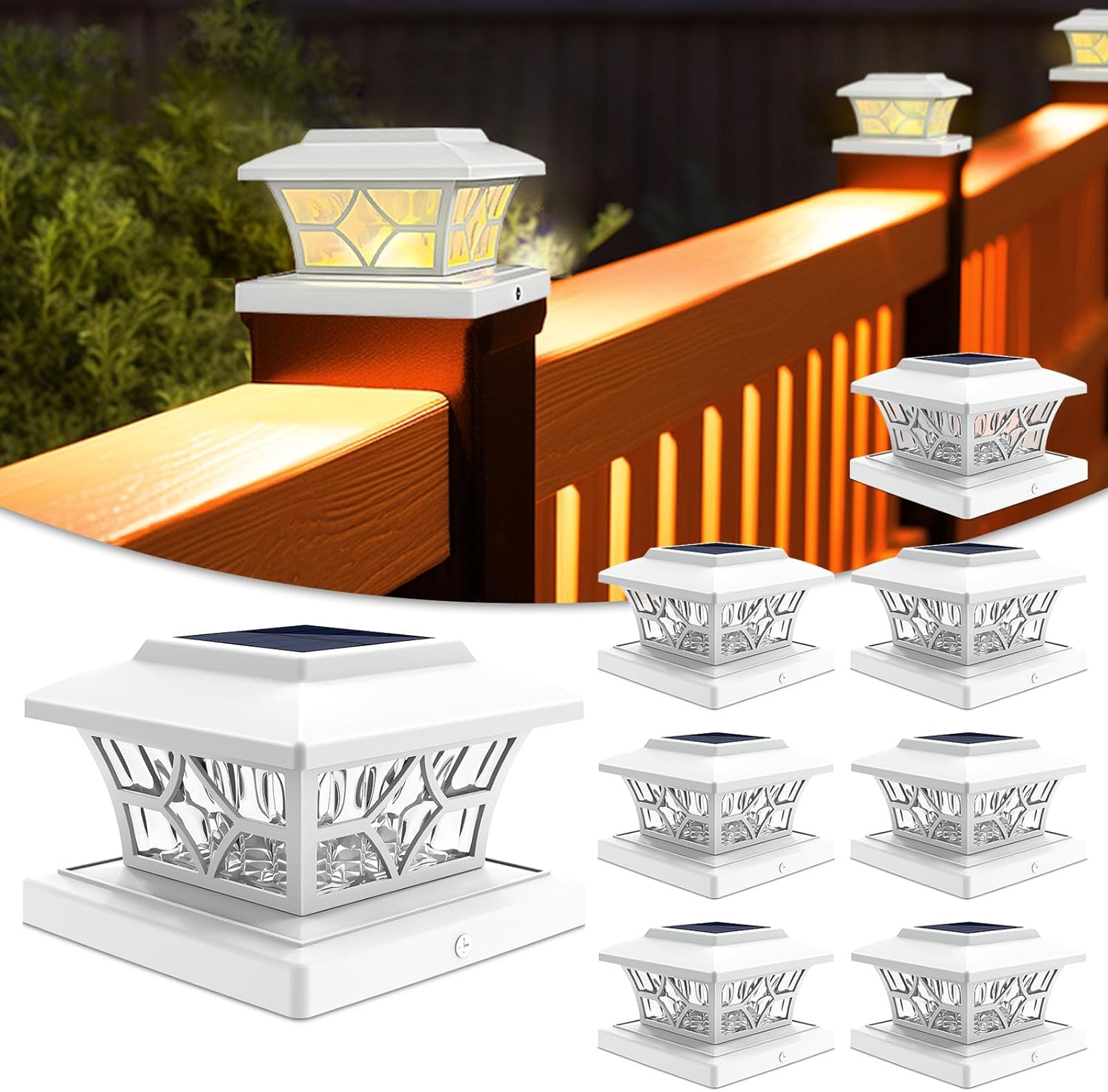 VOLISUN Solar Post Cap Lights Outdoor, Solar Powered Fence Cap Lights for 4x4 Vinyl/Wood, White Waterproof Solar Deck Post Light 8Pack Cool/Warm for Garden Patio Porch White 8 Pack
