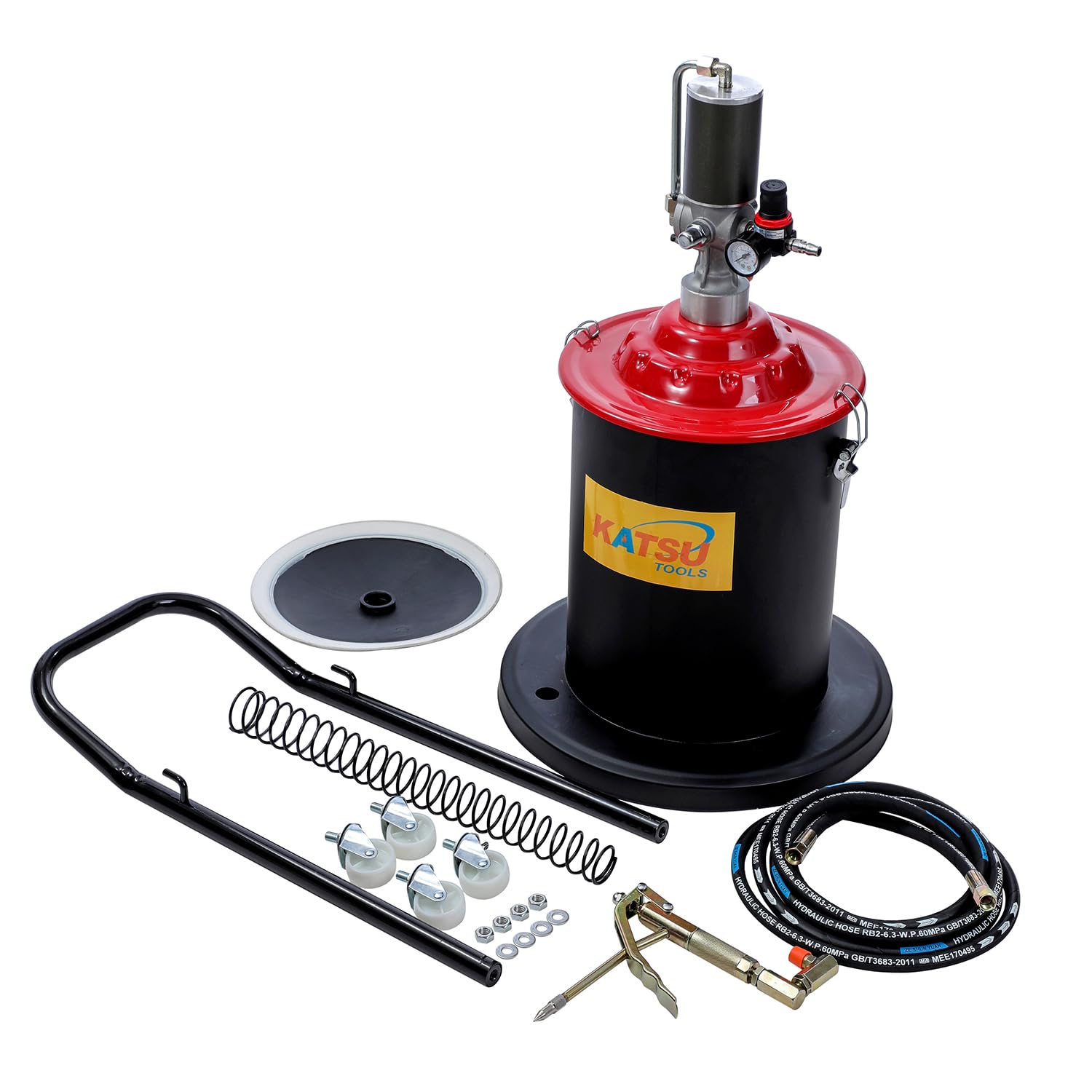 KATSU Tools Bomba de Grasa Neumática 20L Bomba de Engrase con Aire a Presión Dispensador de Pistola de Grasa de Aire Portátil con 12ft Manguera, 450 Bar, para Maquinaria de Automóviles y Camiones