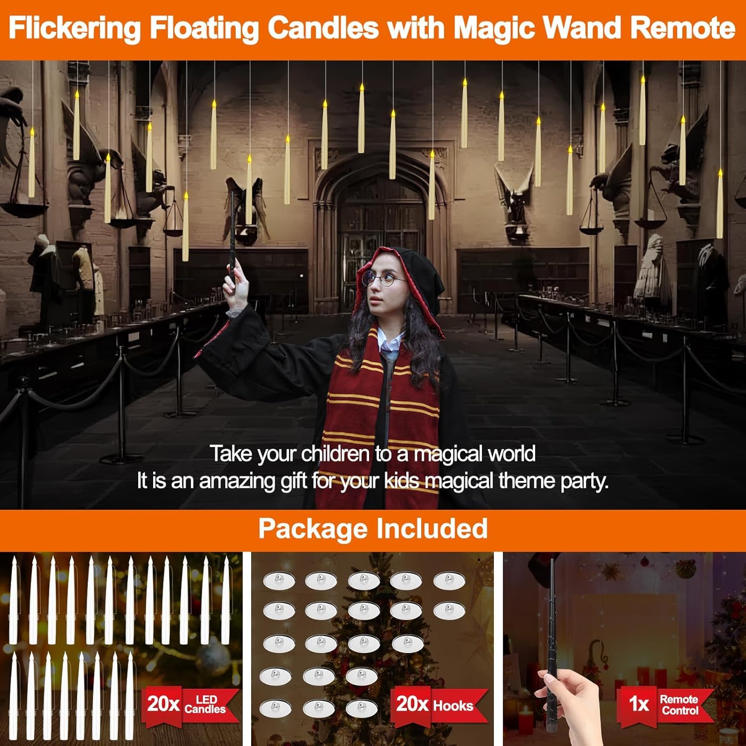 Floating Candles, 20 Pezzo 16.8 CM Candele Sospese con Telecomando Bacchetta, Candele Fluttuanti Har-ry Potter per Decorazioni di Halloween, Candele Led Halloween