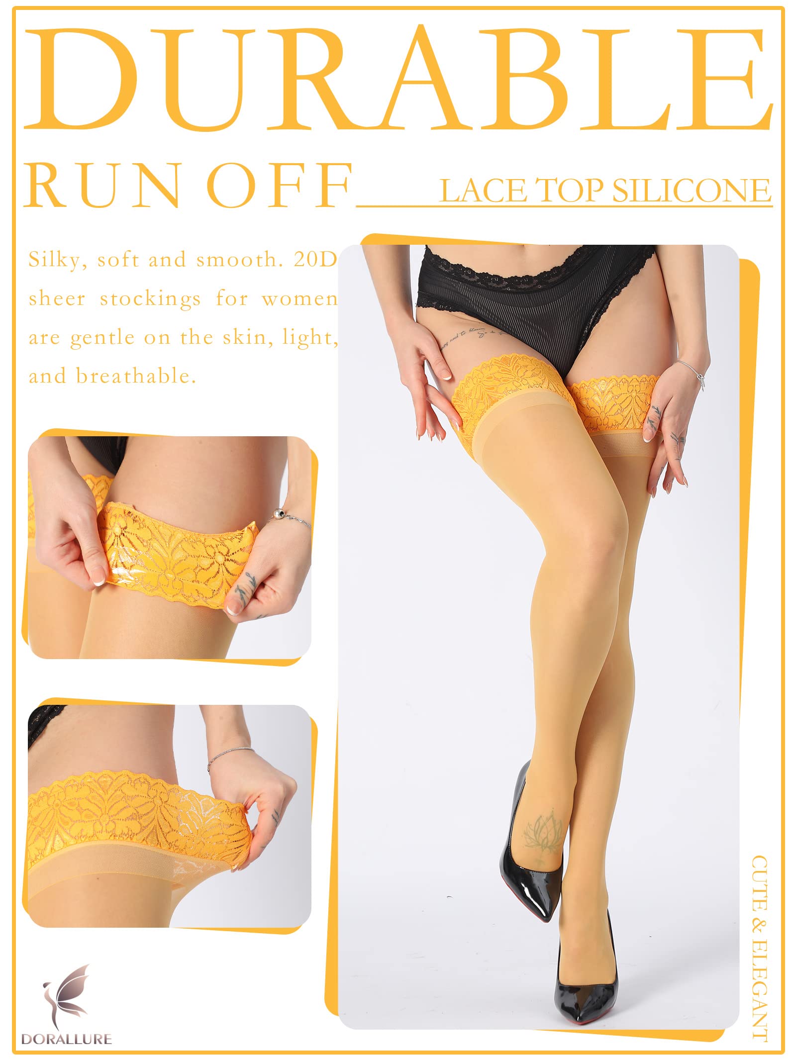 DORALLURE Thigh High Stockings Silicone Lace Top Stay Up Silky Semi Sheer Pantyhose for Women Hold Up Nylon: Orange Large-X-Large