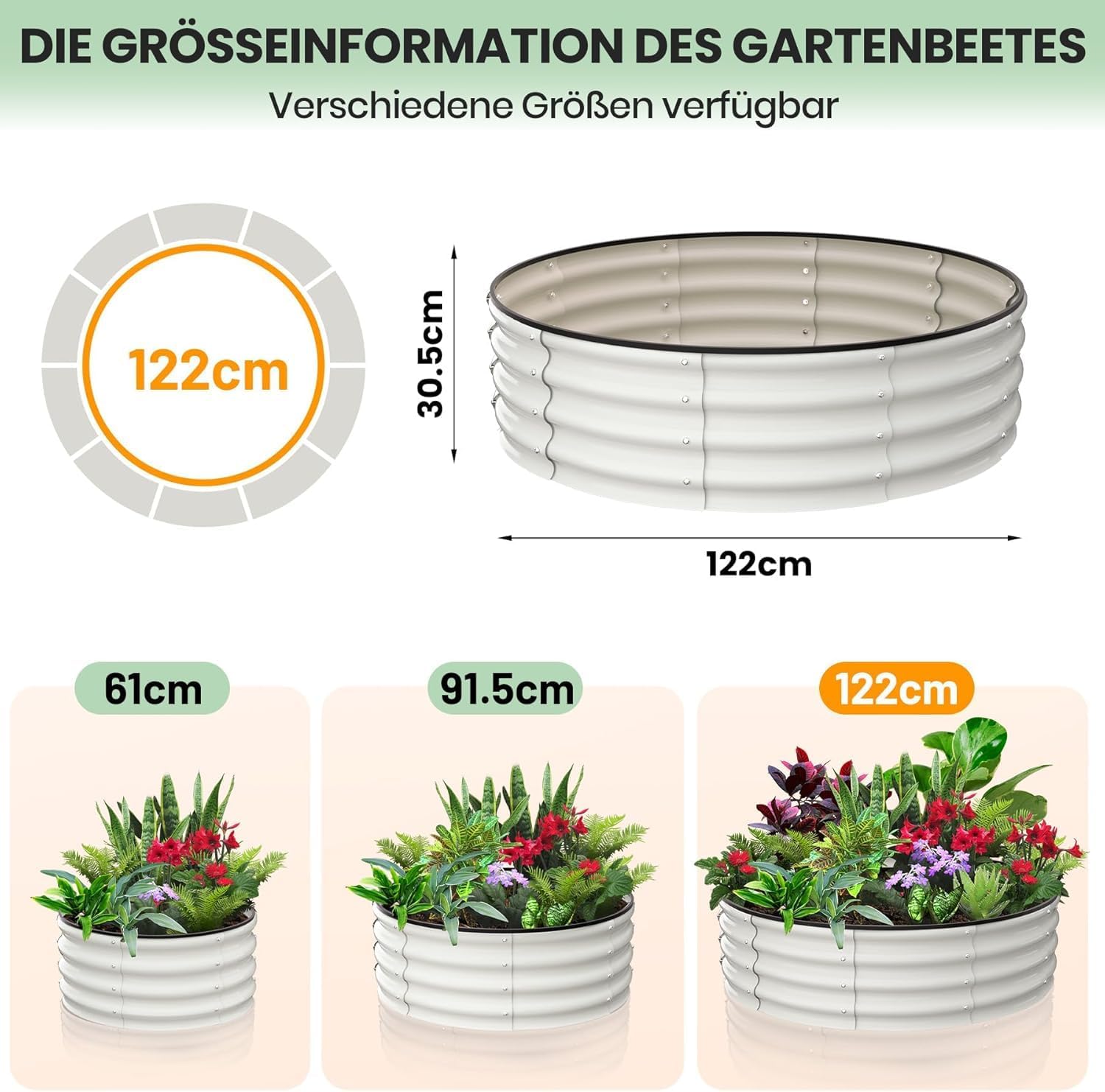 Huerto Elevado Ovalado y Circular de Pie para Jardinería Exterior, Terraza, Balcón, Espesor 0,7 mm, para Tomates, Verduras, Flores, Hierbas Aromáticas, 4×4×1FT, Blanco Crema, Juego de 2