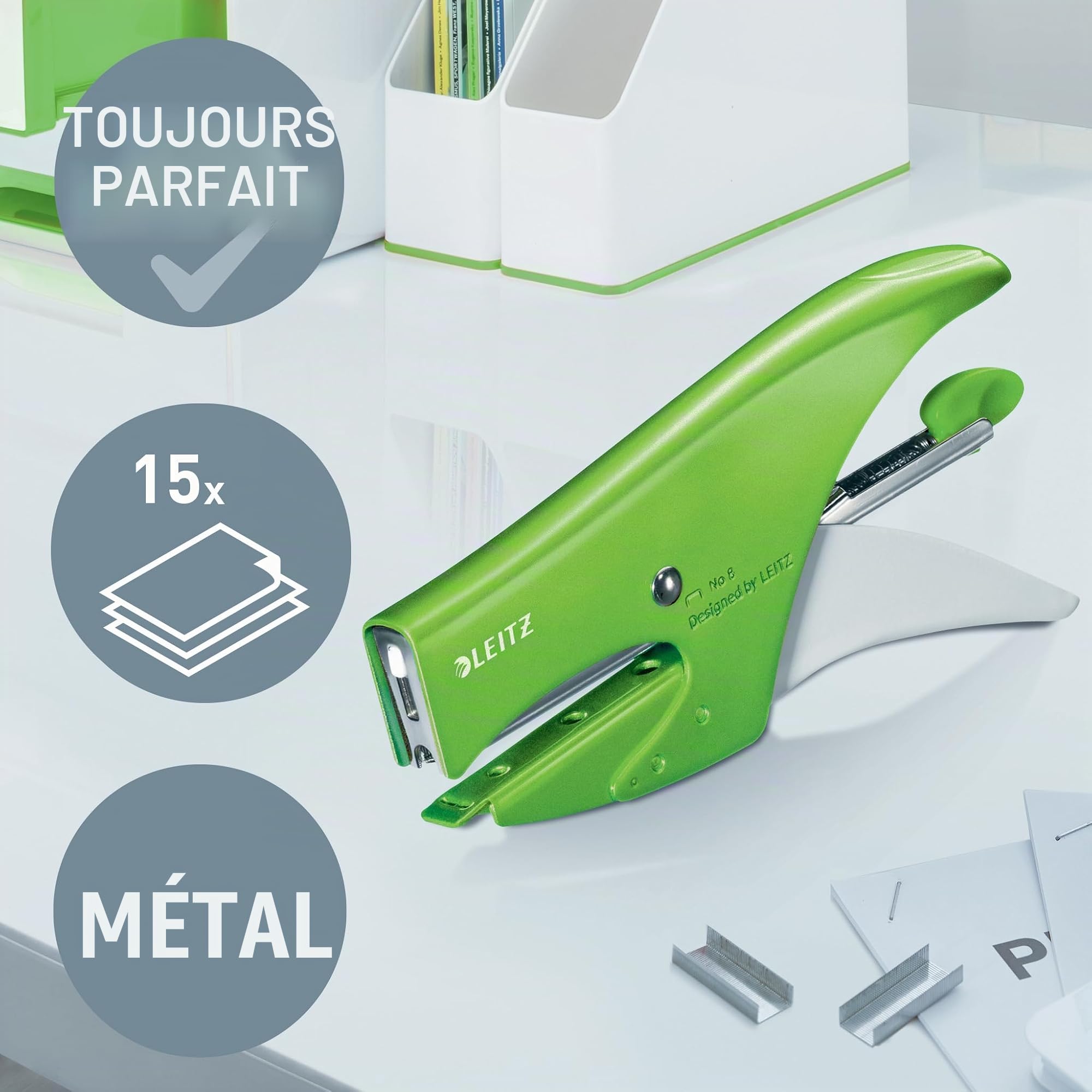 Leitz 55472054 Pince à agrafer, capacité de 15 feuilles, corps ergonomique en métal, agrafes, gamme WOW, Vert
