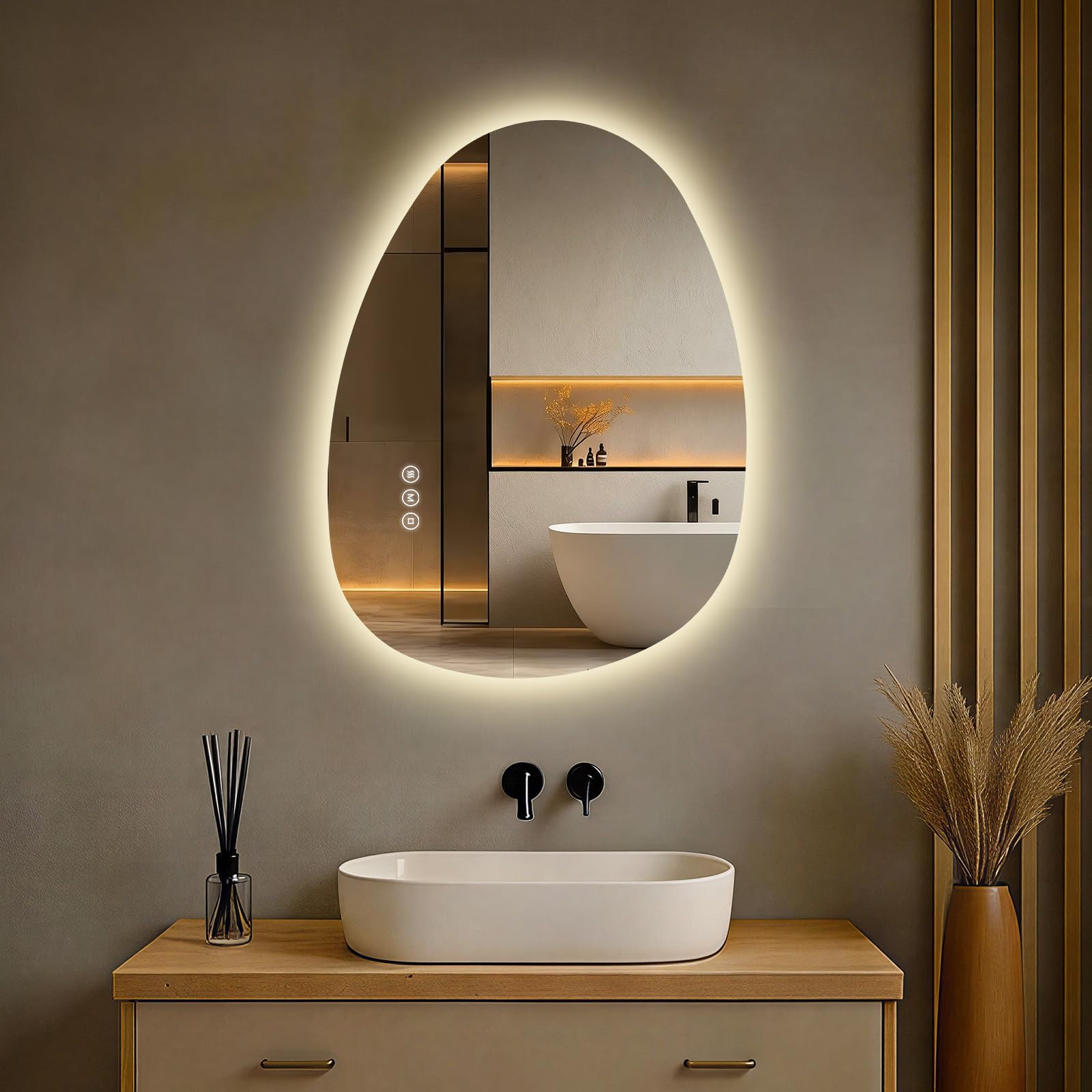 S'AFIELINA LED Bathroom Mirror, 60x45 cm Asymmetrical Wall-Mounted Mirror with Smart Touch Switch, Anti-Fog, Dimmable 3-Color Lights, Memory Function, Vanity Mirror for Modern Bathrooms/Living Rooms
