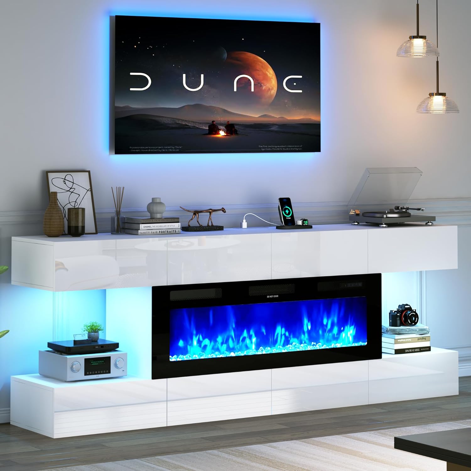 81"Fireplace TV Stand with 50" Electric Fireplace High Gloss Modern TV Stand with 8 Drawers and LED Lights,Large Entertainment Center w/Poewr Outlets Media Console for TVs Up to 90" White