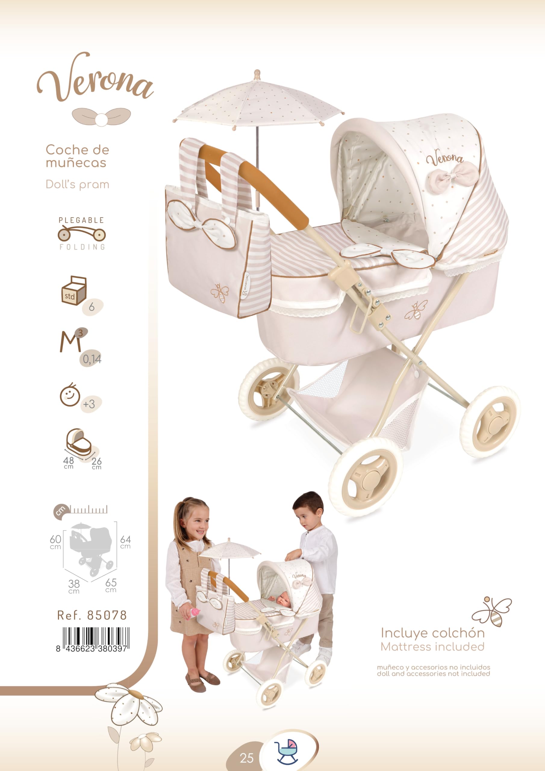 Carro de Muñecas Verona Plegable con Sombrilla DeCuevas 85078