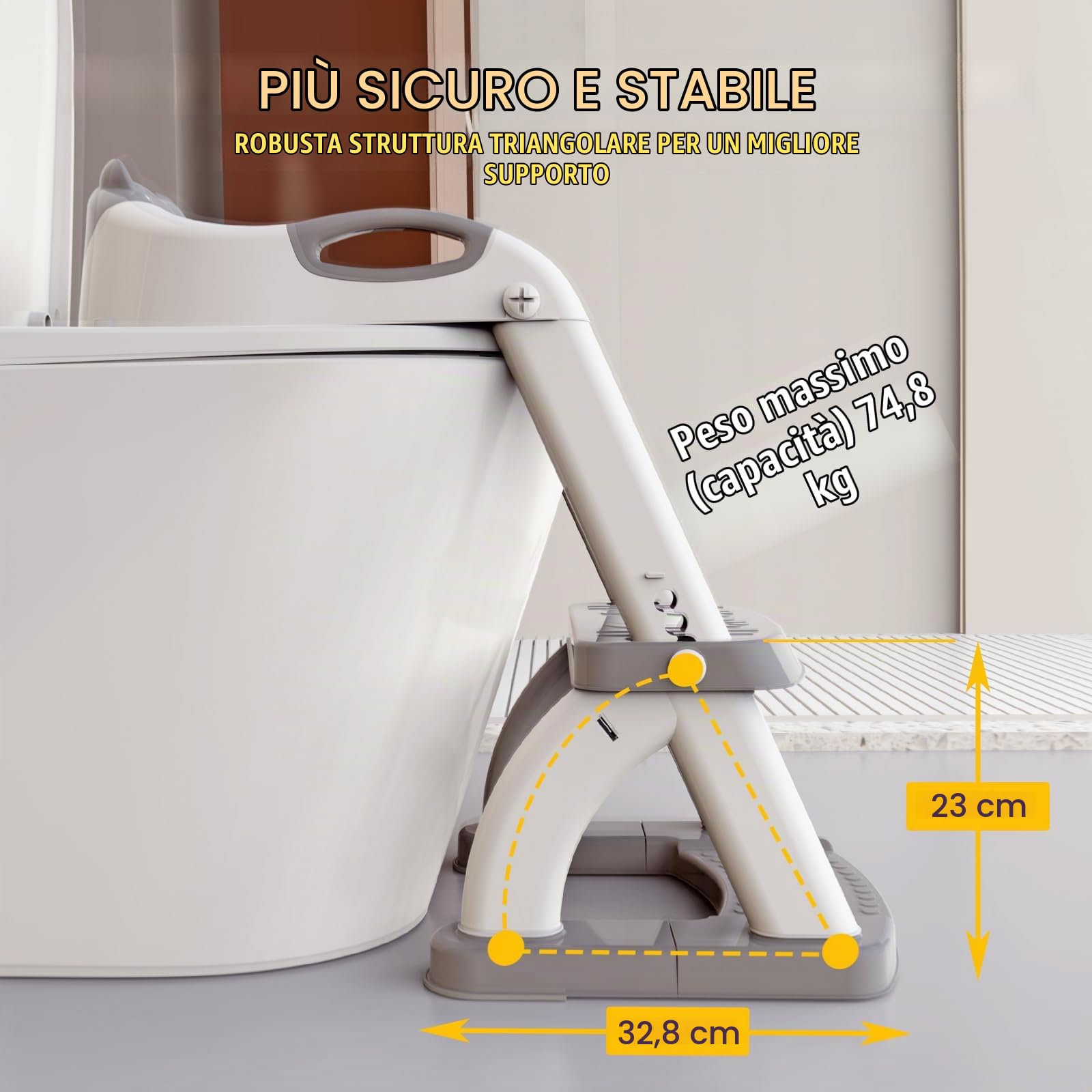SKYROKU - Riduttore per WC 2 in 1 con base stabile a settore, per bambini, con paraschizzi, cuscinetto antiscivolo e scaletta, grigio smaltato