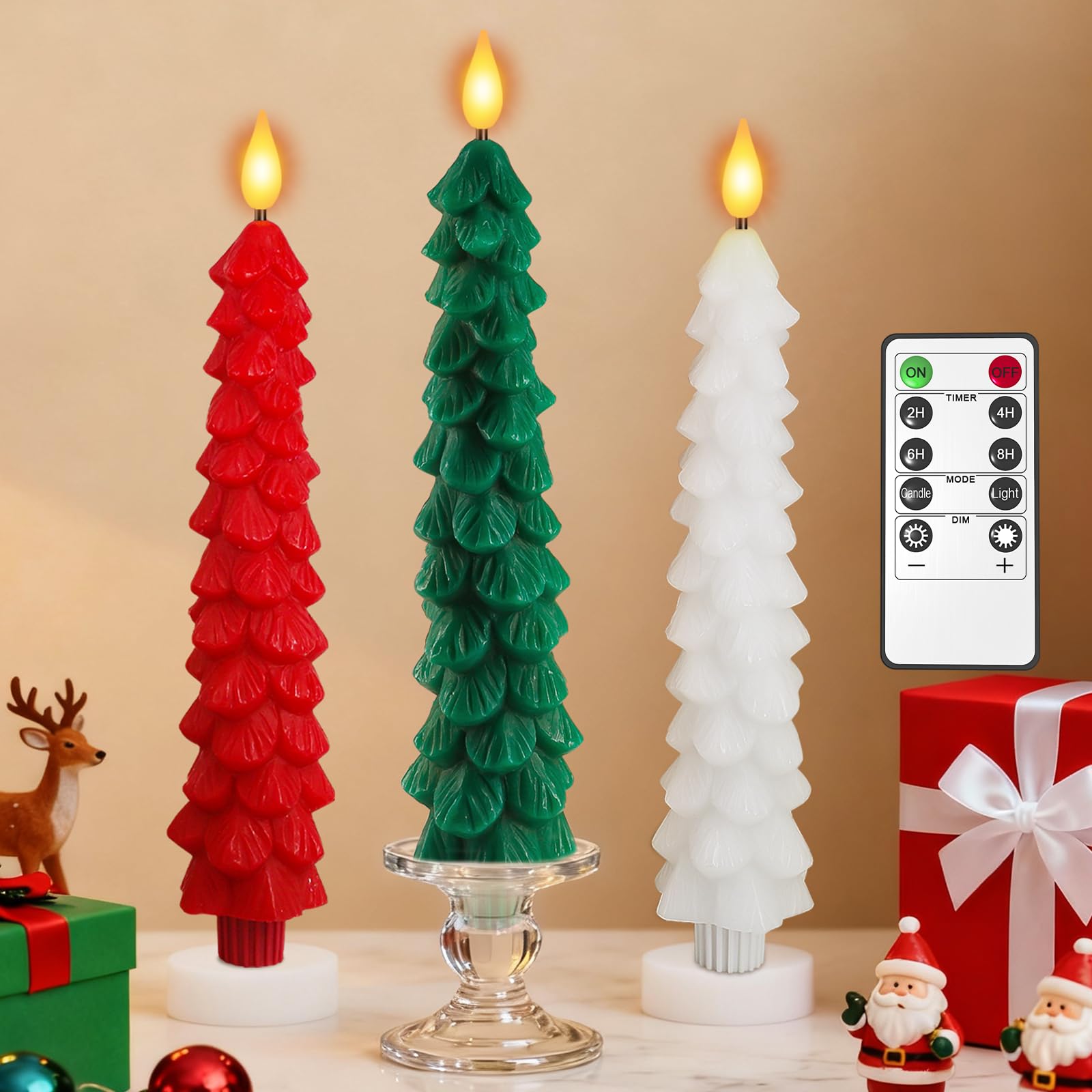 PChero Christmas Tree Candles with Remote Timer, 3 Pack 9.7 Inches Real Wax Flameless Window Candles Battery Operated Taper Candle Sticks for Xmas