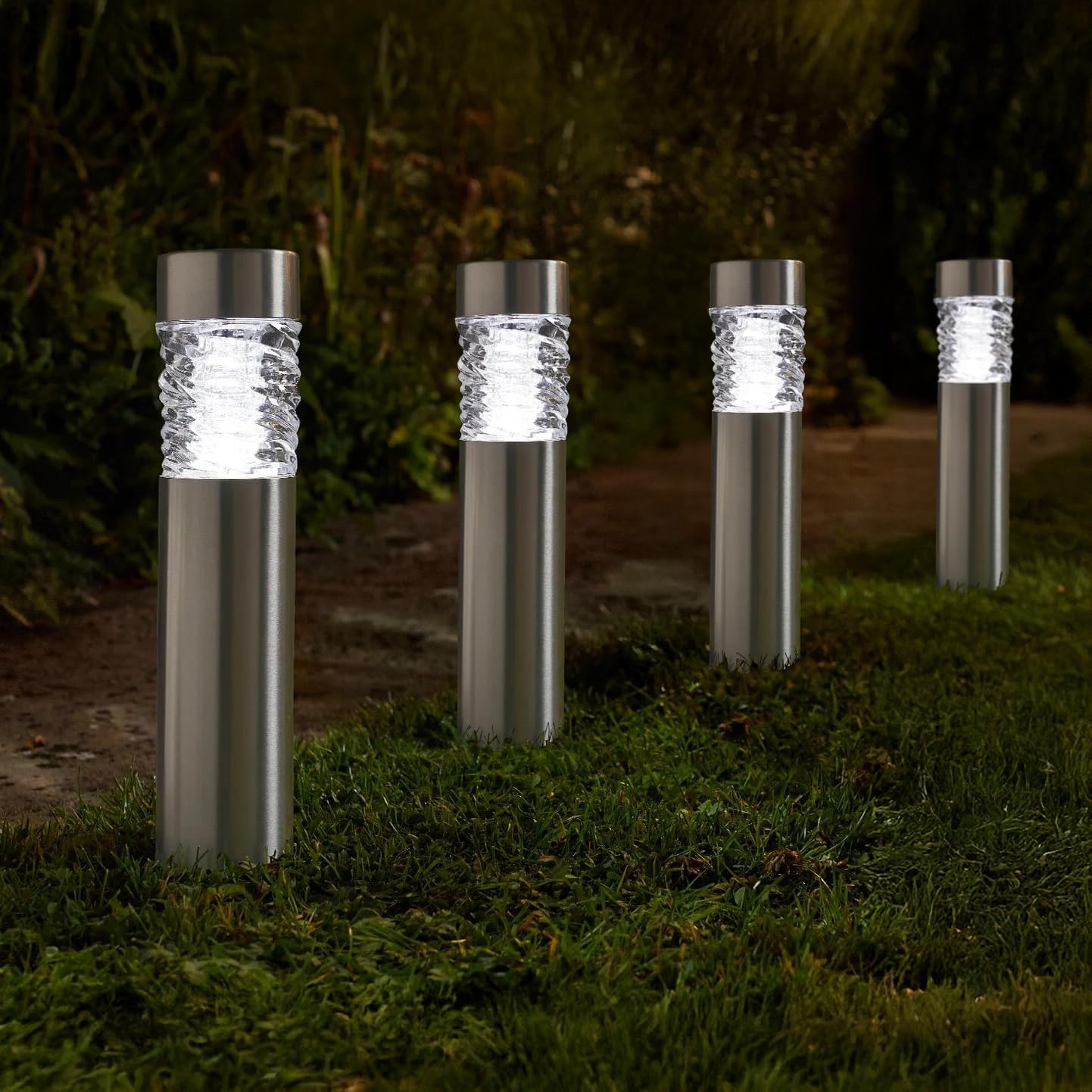 Garden Mile 4Pc Stella Bollard Solar Outdoor Lights Stainless Steel Waterproof Ideal For Driveway Pathway Lighting Flowerbeds Patio Lawn Heavy Duty