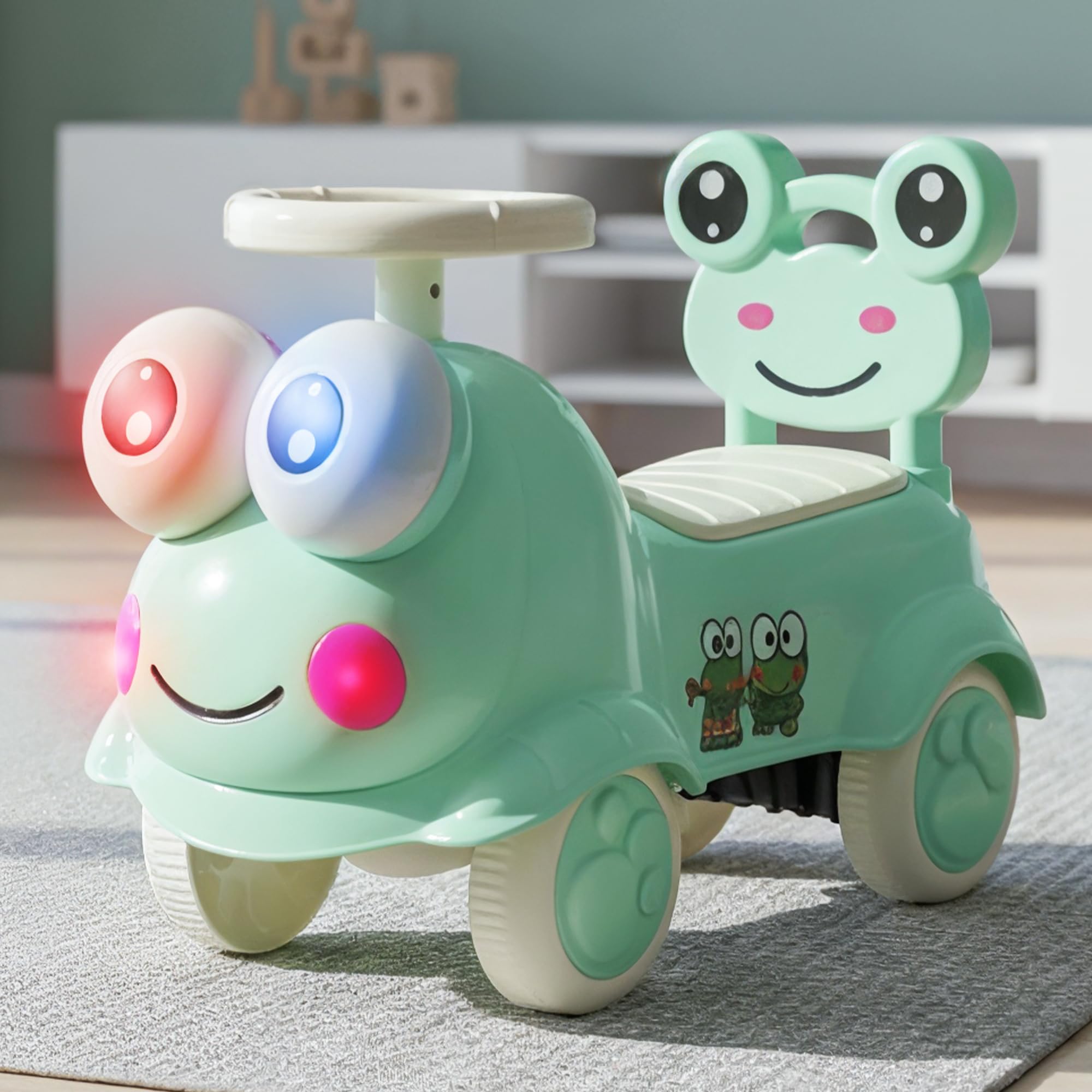 Baybee Kermit Ride on Cars for Kids | Indoor Baby Push Ride-ons with Glowing Lights & Safety Backrest | Portable Kids Car with Music & Toy Storage | Outdoor Rider Cars for Kid 1 to 3 Years (Green)-image-3