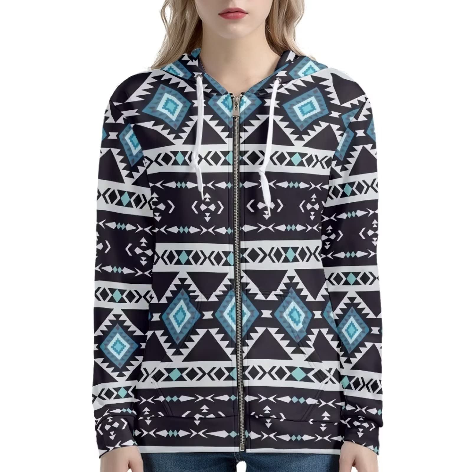 HUIACONG Damska bluza z kapturem zapinana na zamek błyskawiczny dla nastolatek sweter XS-5XL rozmiar, Południowo-zachodni rdzenni Aztecki Zachodni, S