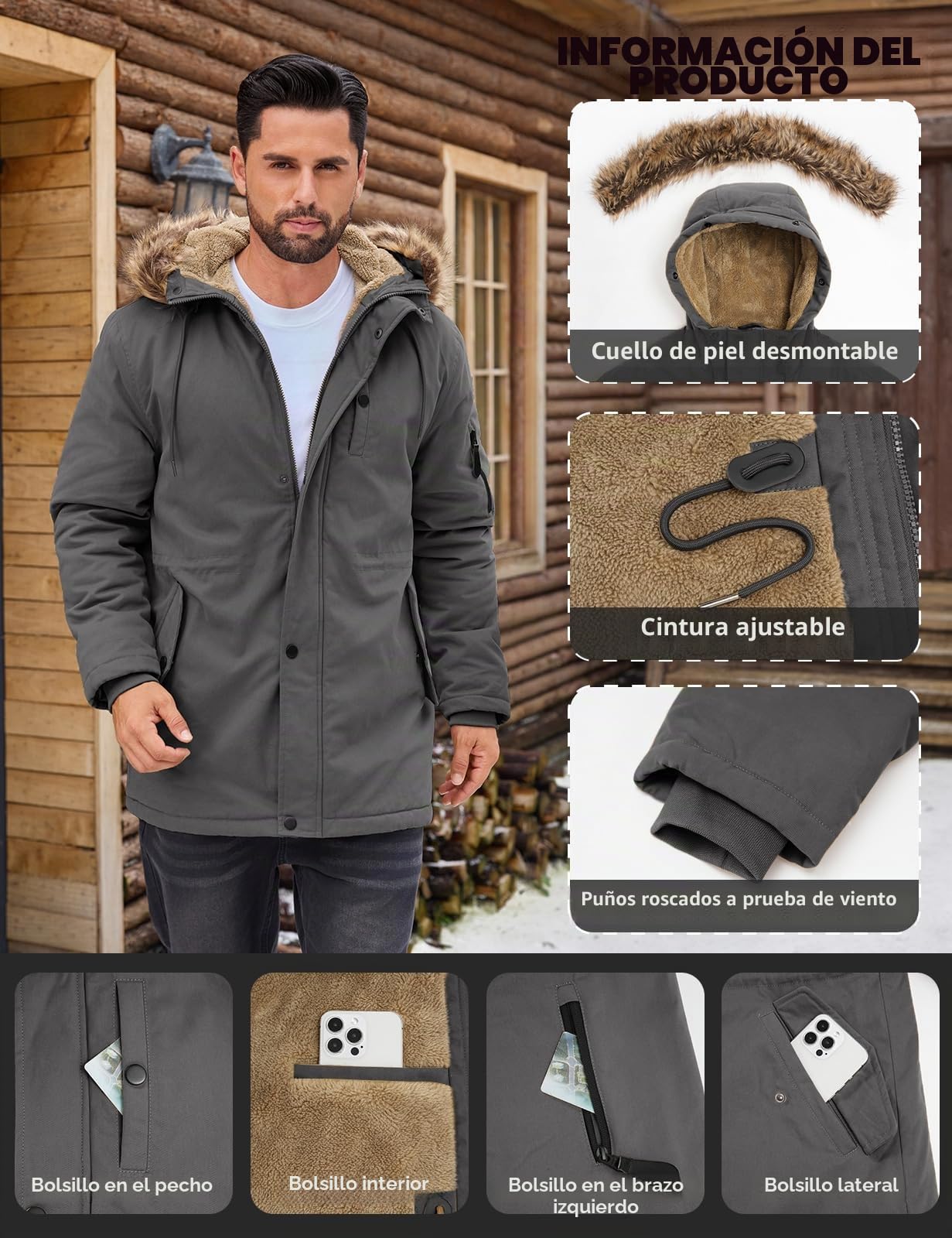 Lonya Abrigo Hombre Invierno Chaquetas de Algodón Forro Polar Cálido Parka Gruesa Cuello De Piel Desmontable Militar Exteriores Prueba de Viento Cazadora con Capucha Integrada Bolsillos Múltiples
