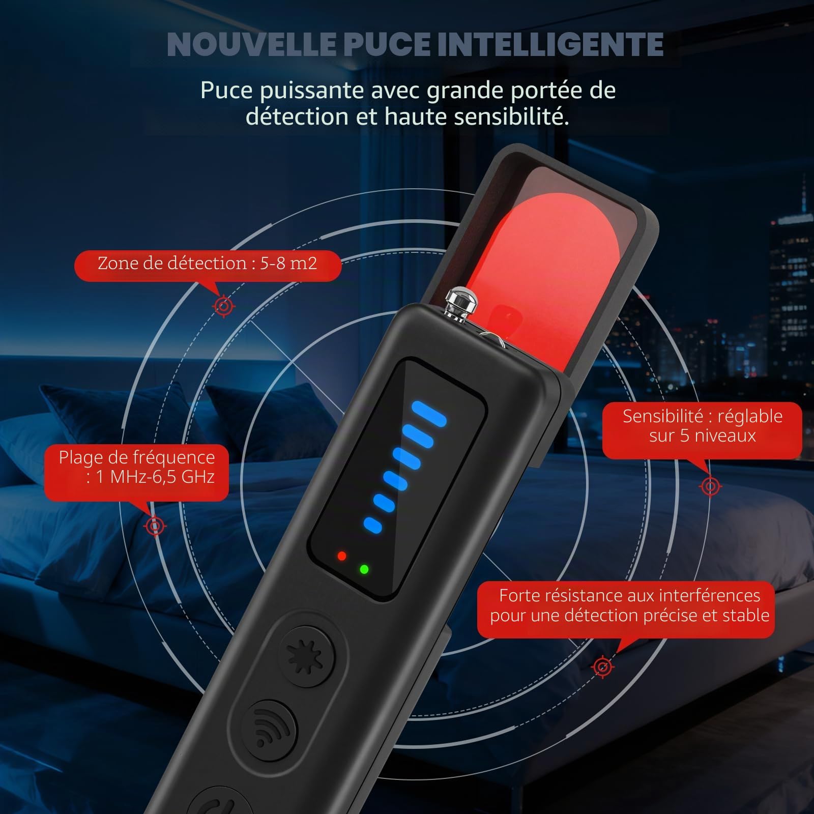 Détecteur de Caméra Cachée – Détecteur de Micro, GPS Tracker et Scanner RF sans Fil, 5 Niveaux de Sensibilité, Alarme de Sécurité pour Maison, Bureau et Hôtel