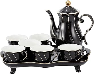 DUJUST 14 pcs Tea Set of 6 with Tea Tray & Spoons, Modern Diamond Design Tea/Coffee Cup Set with Golden Trim, Chic Porcelain Living Room Decor, Fine-china Teapot/Tea Party Set, Gift Package - Black