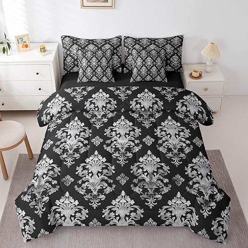 Gothic Damask 7 Piece Comforter Set With Sheets Black Boho Floral Bedding Set Ki