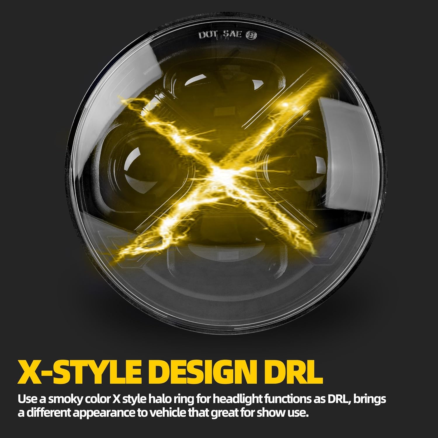 5-3/4" LED Headlight with X-style DRL - Super Bright Black 5.75 Inch Projector Headlamp Fits Sportster Iron 883 Dyna Street Bob & Indian Scout Bobber (5.75 Inch Amber X DRL)