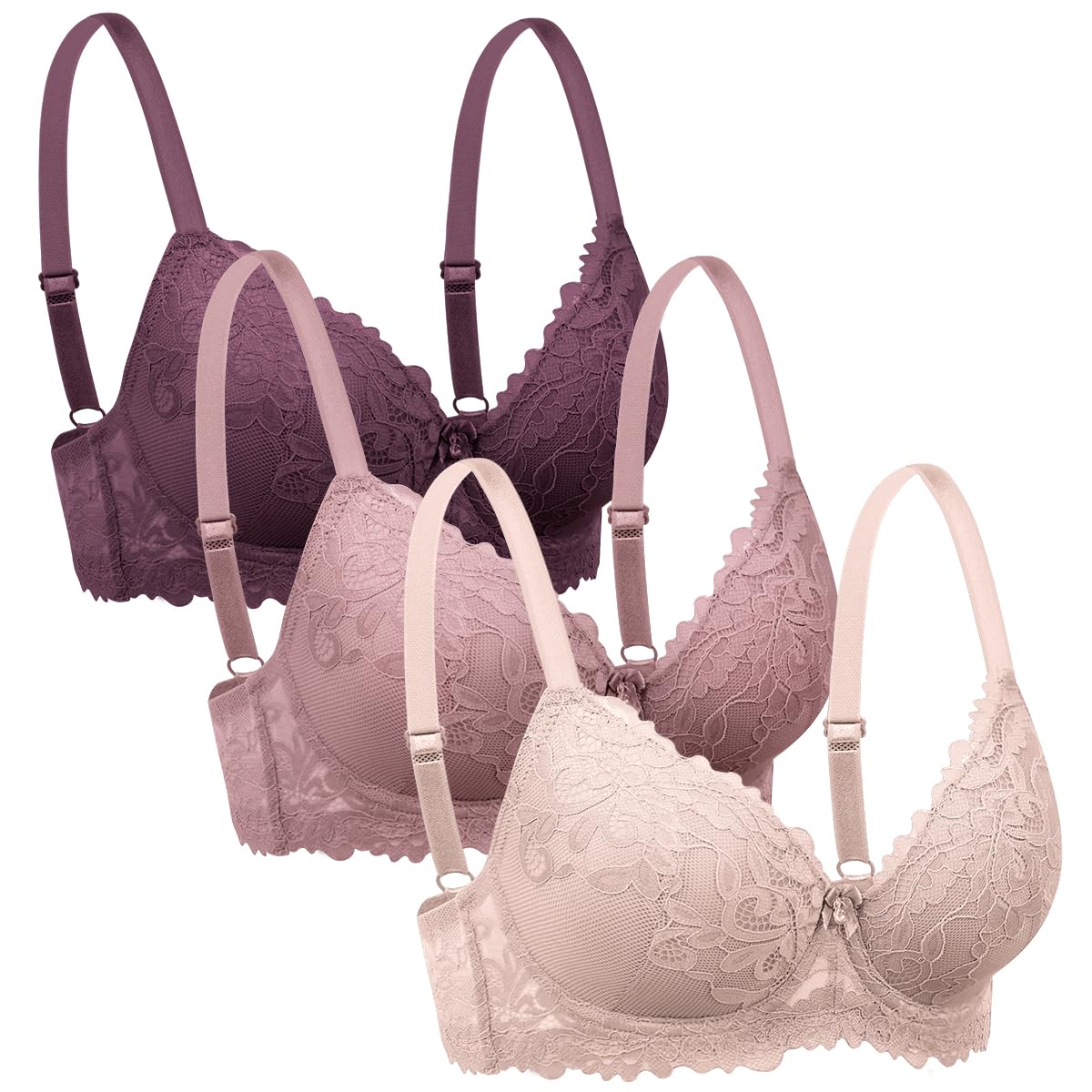 HersuneiWomen’s Daily Bra, 3 Pack Bras for Women Lace Bra, Lace Underwire Bra, Comfort Women’s Bras, Everyday Bra with Lace Wrapped Design, for Enhanced Breast Support & Sagging Prevention